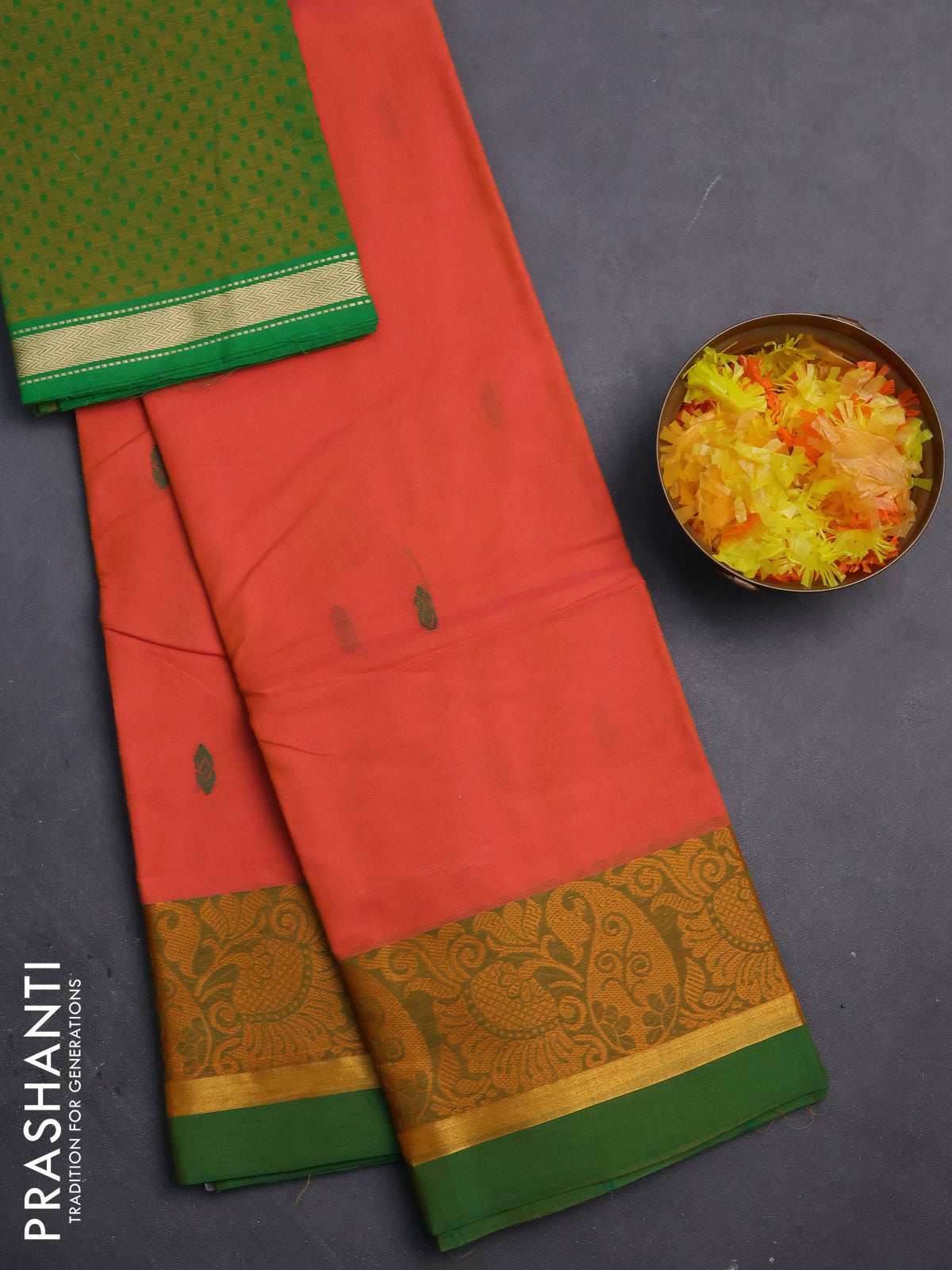 Chettinad cotton saree dual shade of pinkish orange and green with thread woven buttas and thread & zari woven border