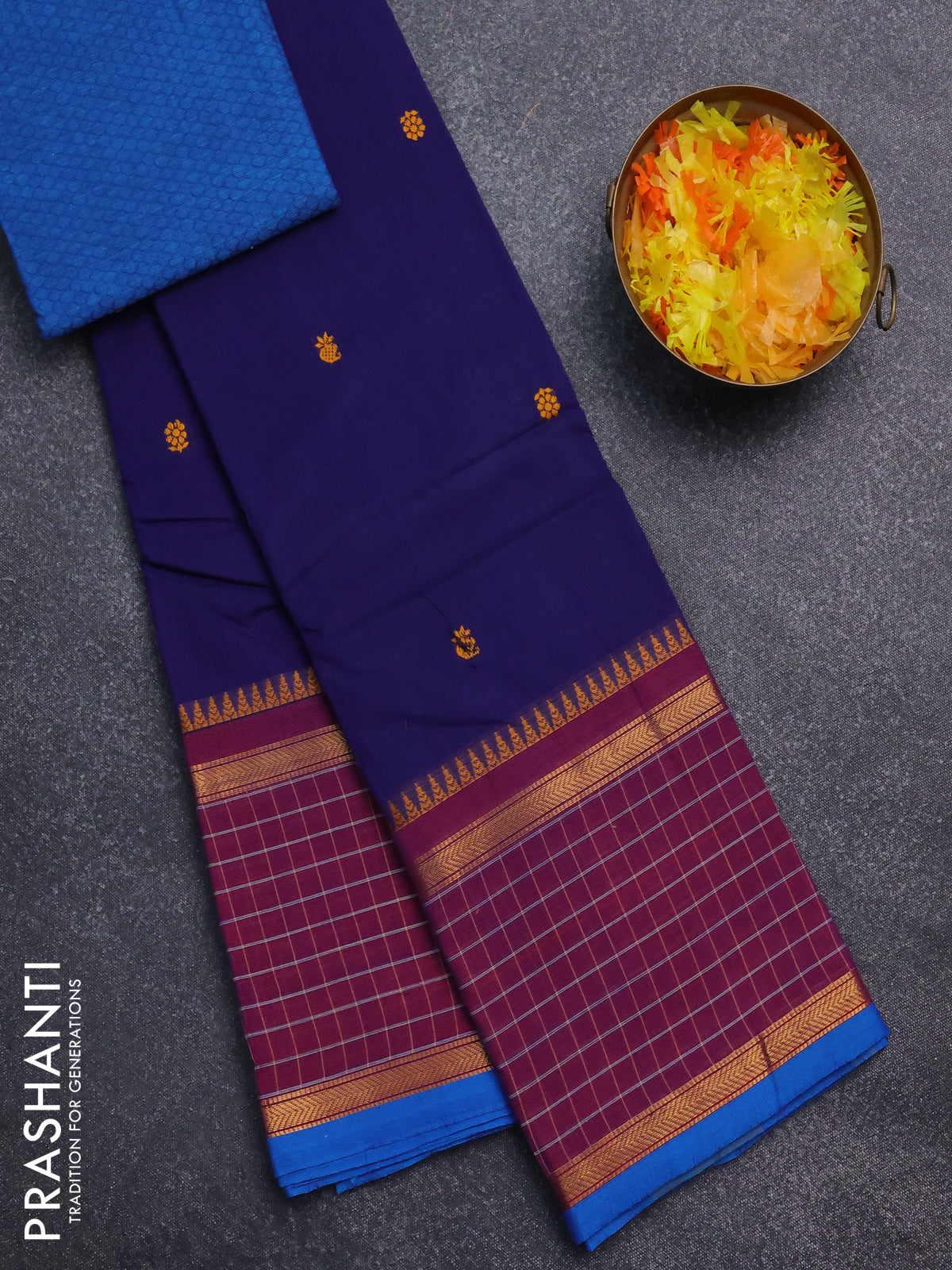 Chettinad cotton saree dark blue and cs blue with thread woven buttas and rettapet zari checked border
