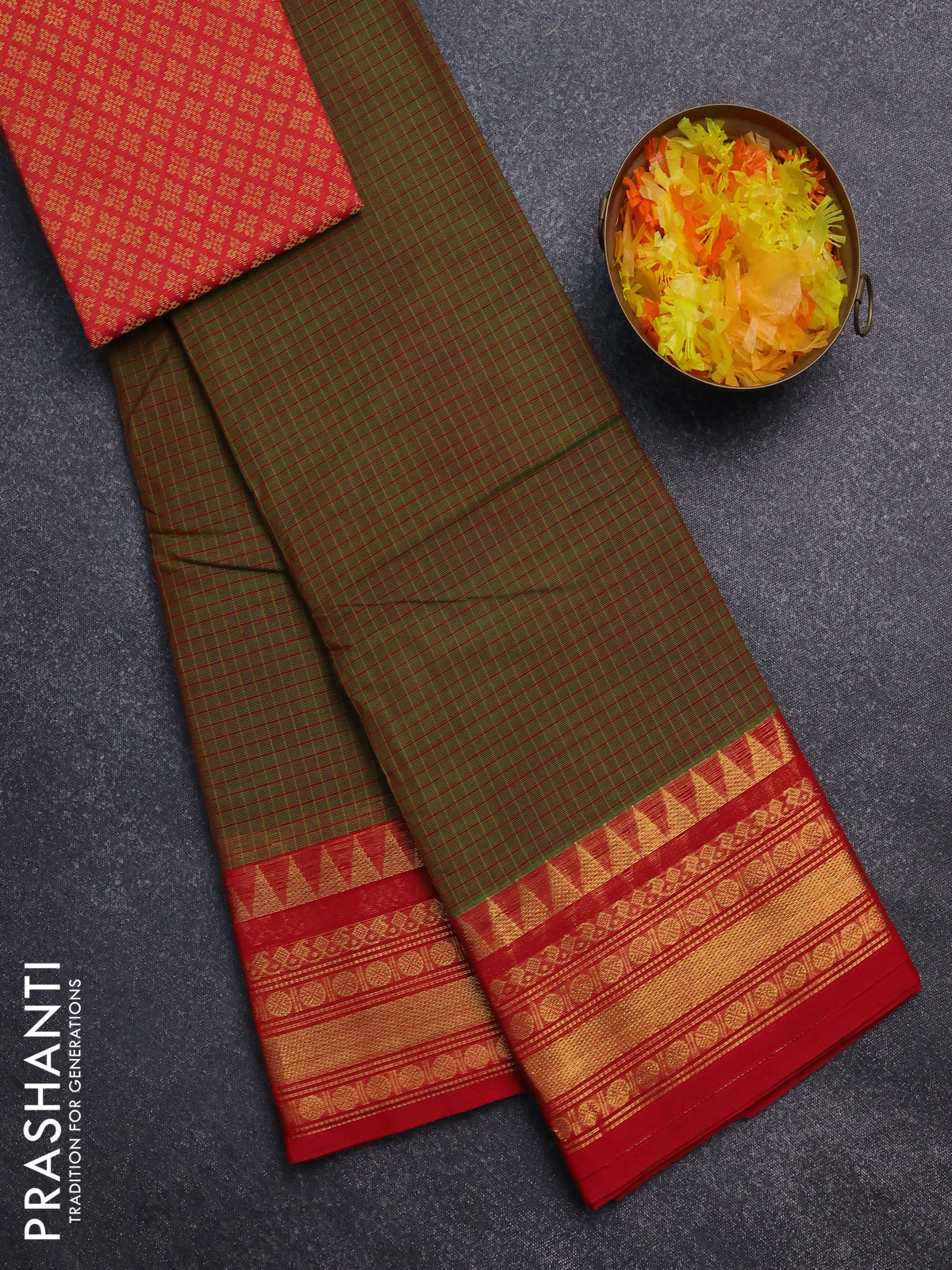 Chettinad cotton saree dual shade of green and red with allover checked pattern and temple disign zari woven border