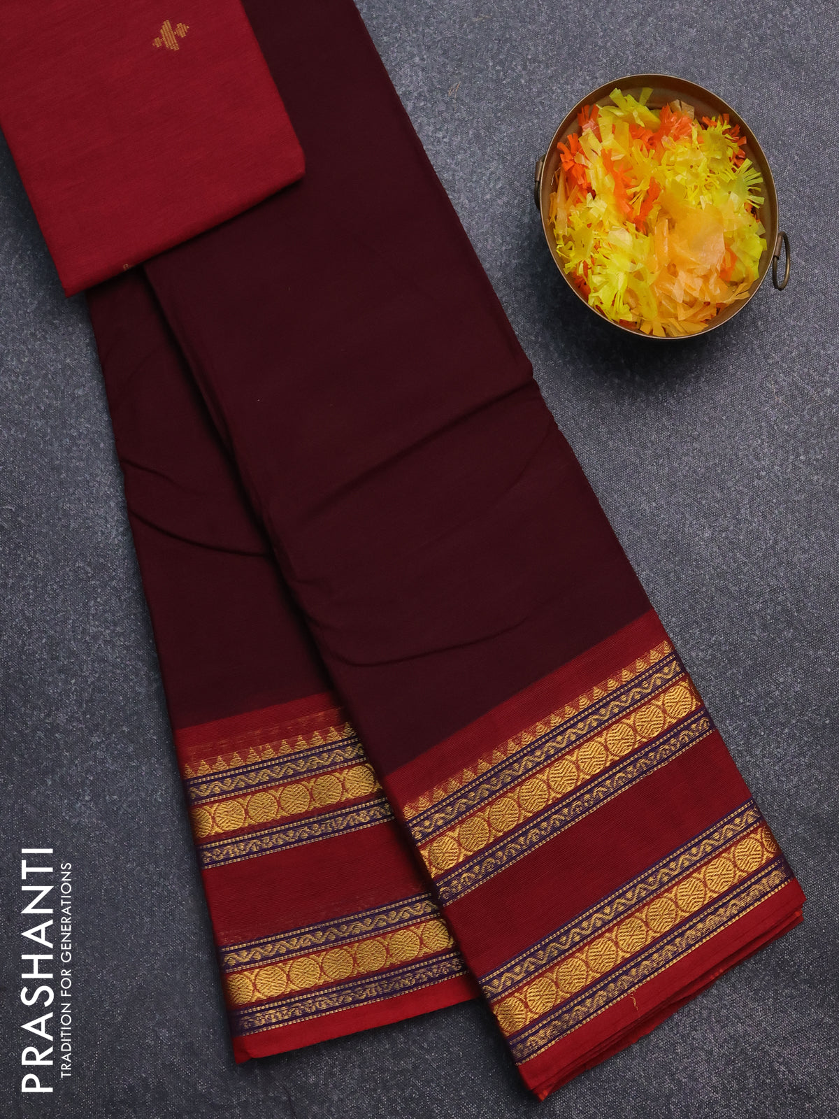 Chettinad cotton saree brown and maroon with thread woven buttas and rattapet zari woven border