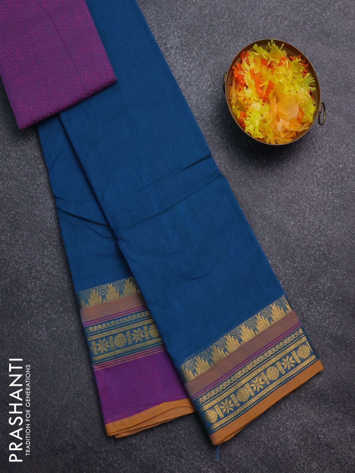Chettinad cotton saree peacock blue and violet with thread woven buttas and ganga jamuna border
