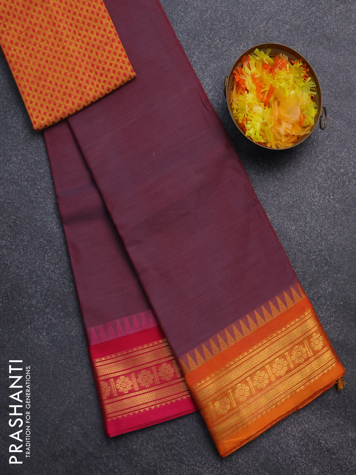 Chettinad cotton saree maroon shade and mustard yellow with thread woven buttas and ganga jamuna border