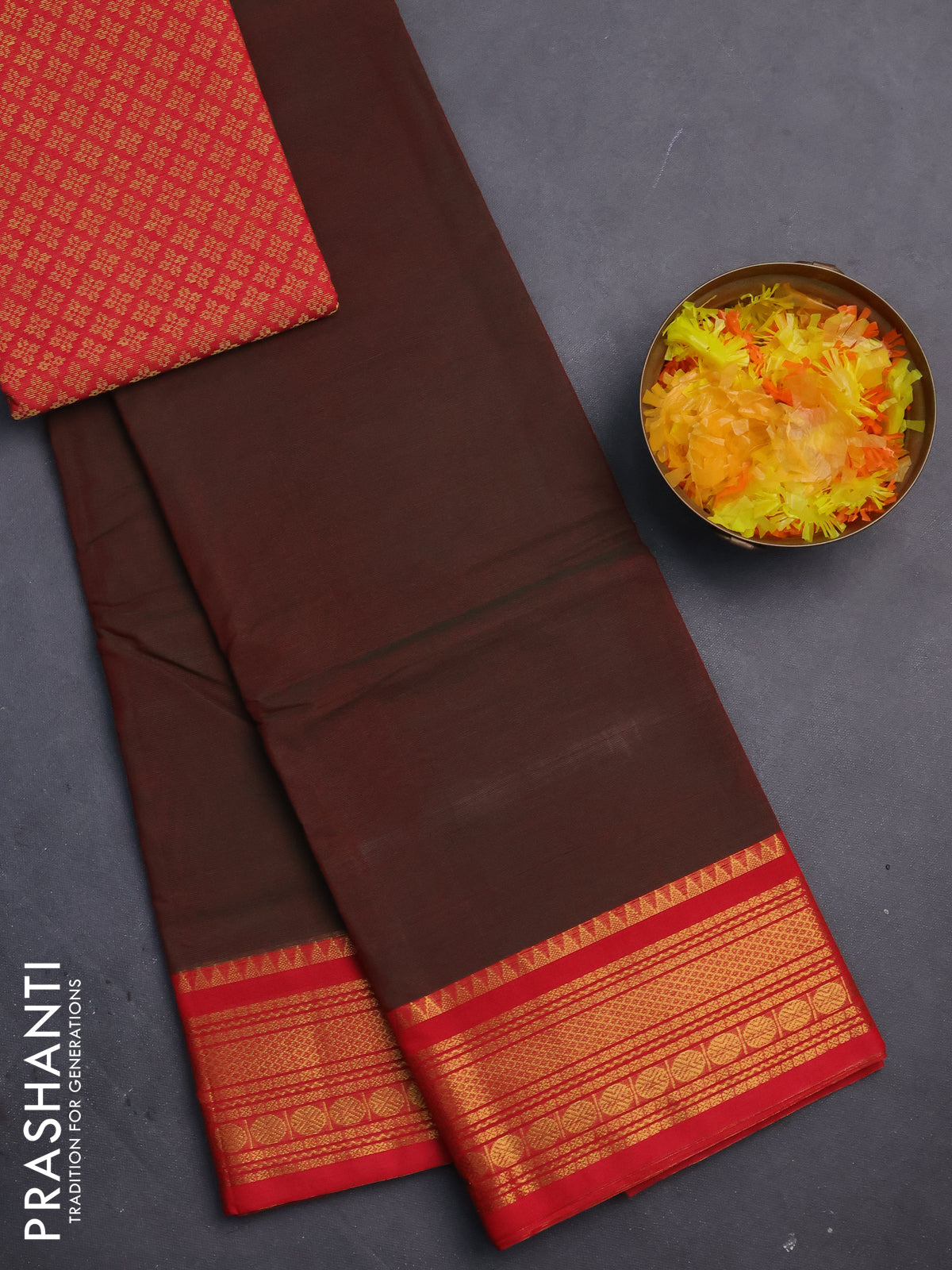 Chettinad cotton saree manthulir green and red with thread woven buttas and zari woven border