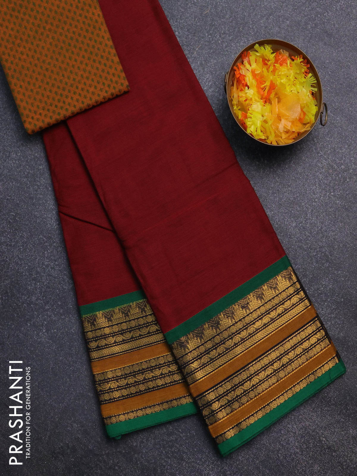 Chettinad cotton saree maroon and green with thread woven buttas and zari woven border