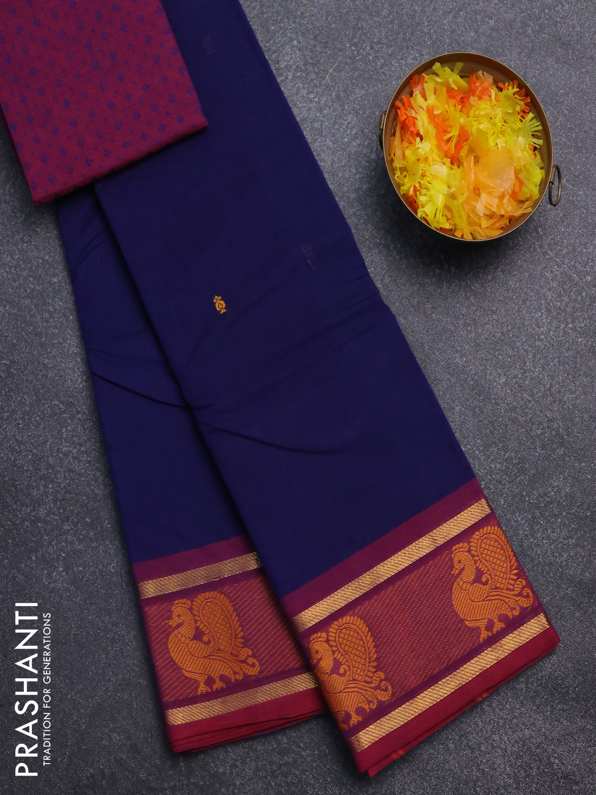 Chettinad cotton saree navy blue and maroon with thread woven buttas and zari woven annam butta border