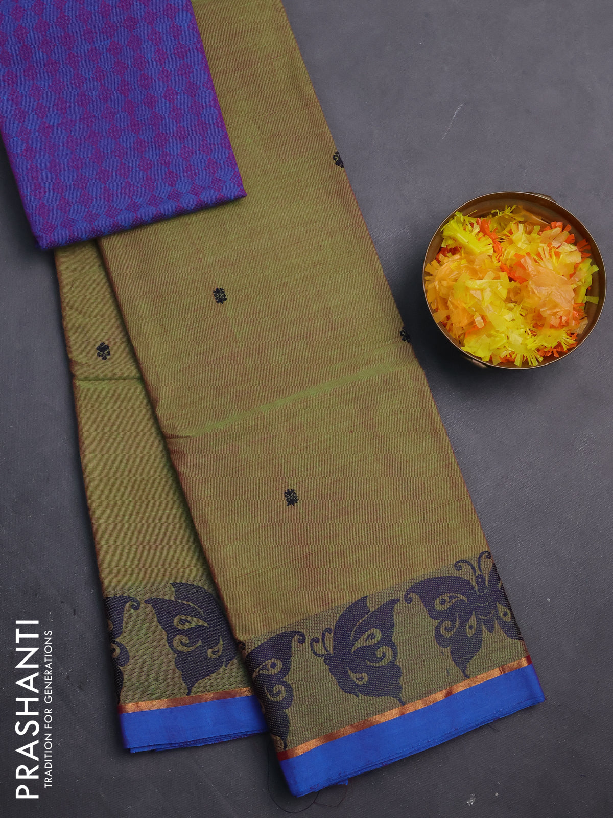 Chettinad cotton saree dual shade of green and cs blue with thread woven buttas and thread & zari woven border