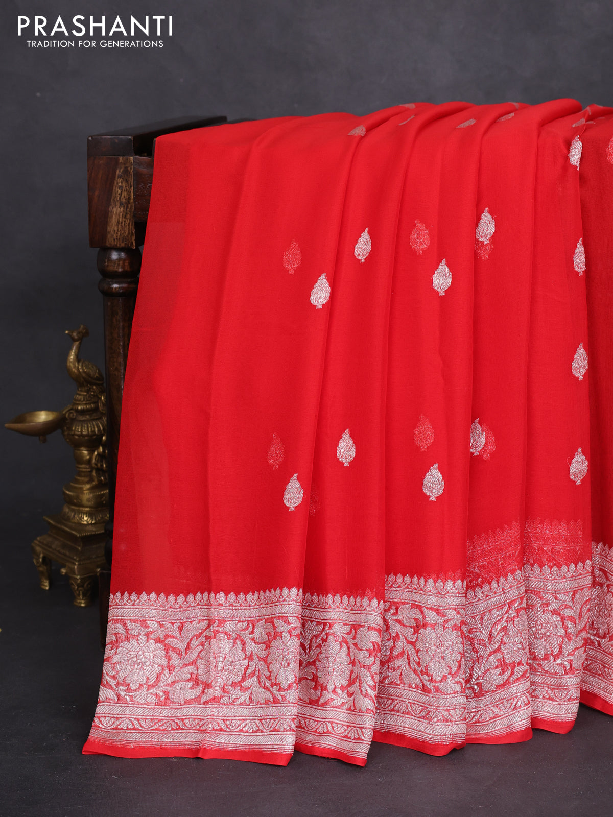 Banarasi chiffon silk saree red with silver zari woven buttas and silver zari woven border