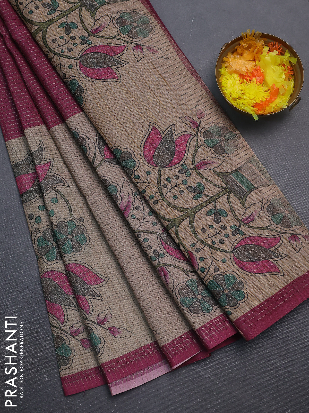 Chappa saree dark magenta pink and beige with allover small zari checked pattern and floral digital printed pallu