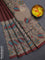 Chappa saree deep maroon and beige with allover small zari checked pattern and floral digital printed pallu