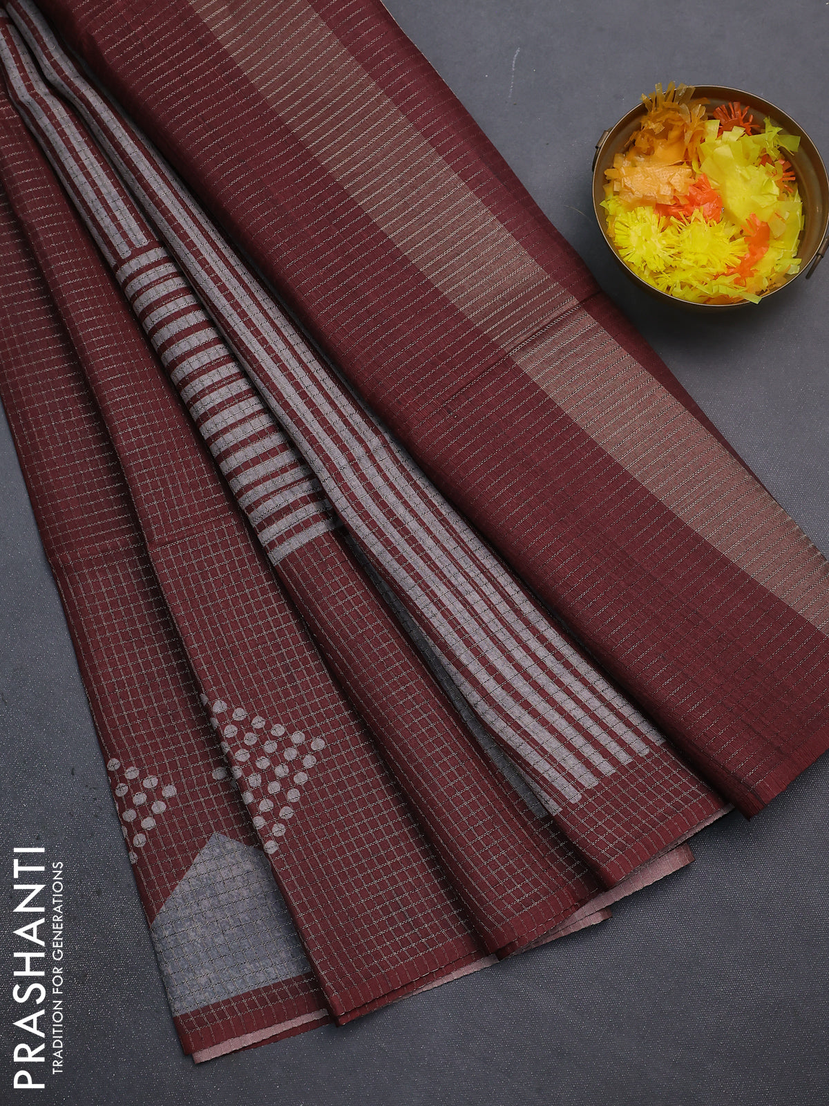 Chappa saree maroon and grey with allover small zari checked pattern and printed border