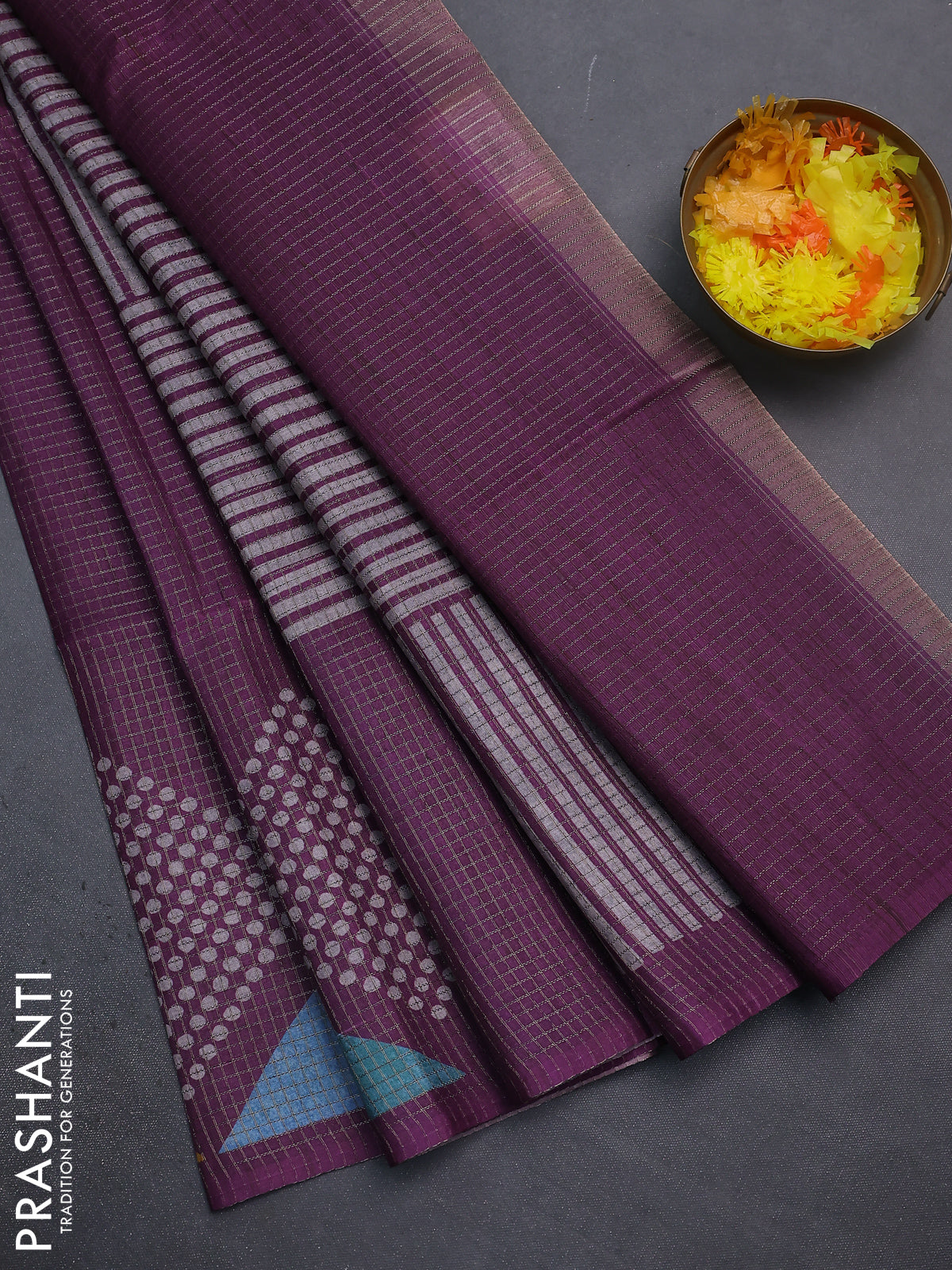 Chappa saree purple and grey with allover small zari checked pattern and printed border