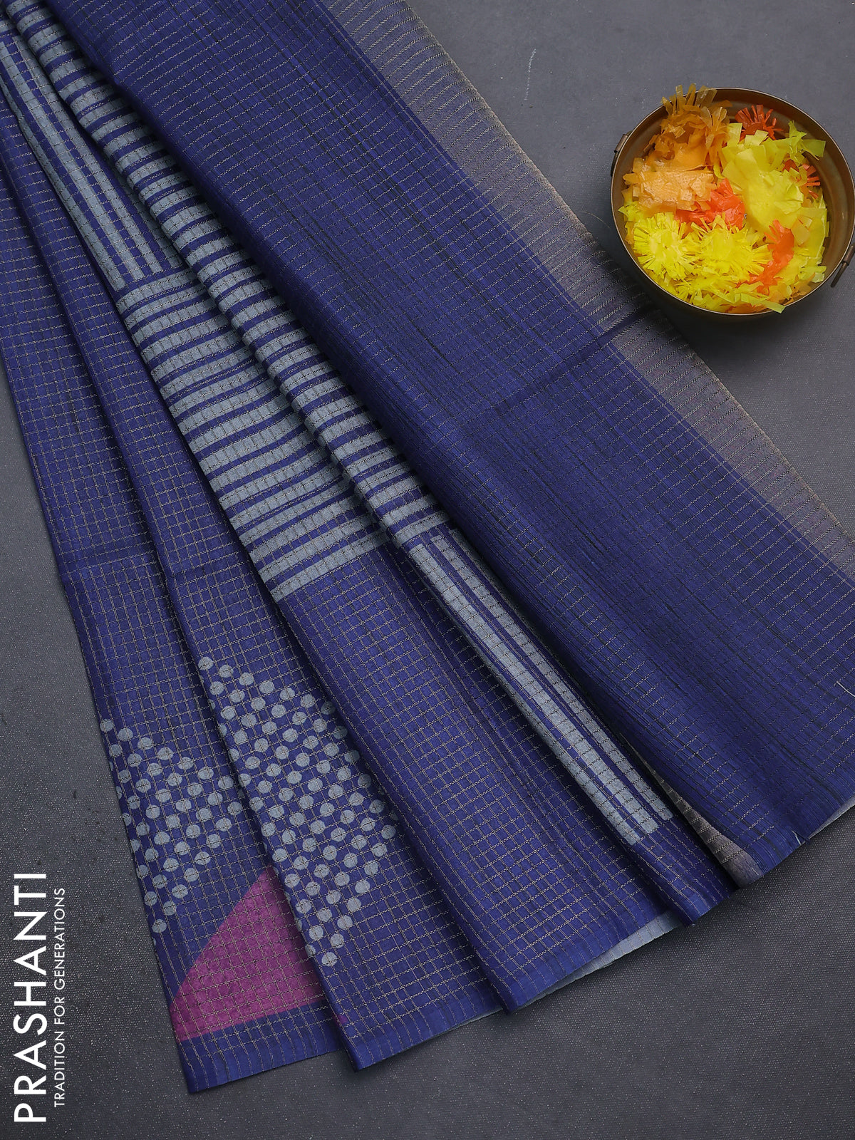 Chappa saree blue and grey with allover small zari checked pattern and printed border