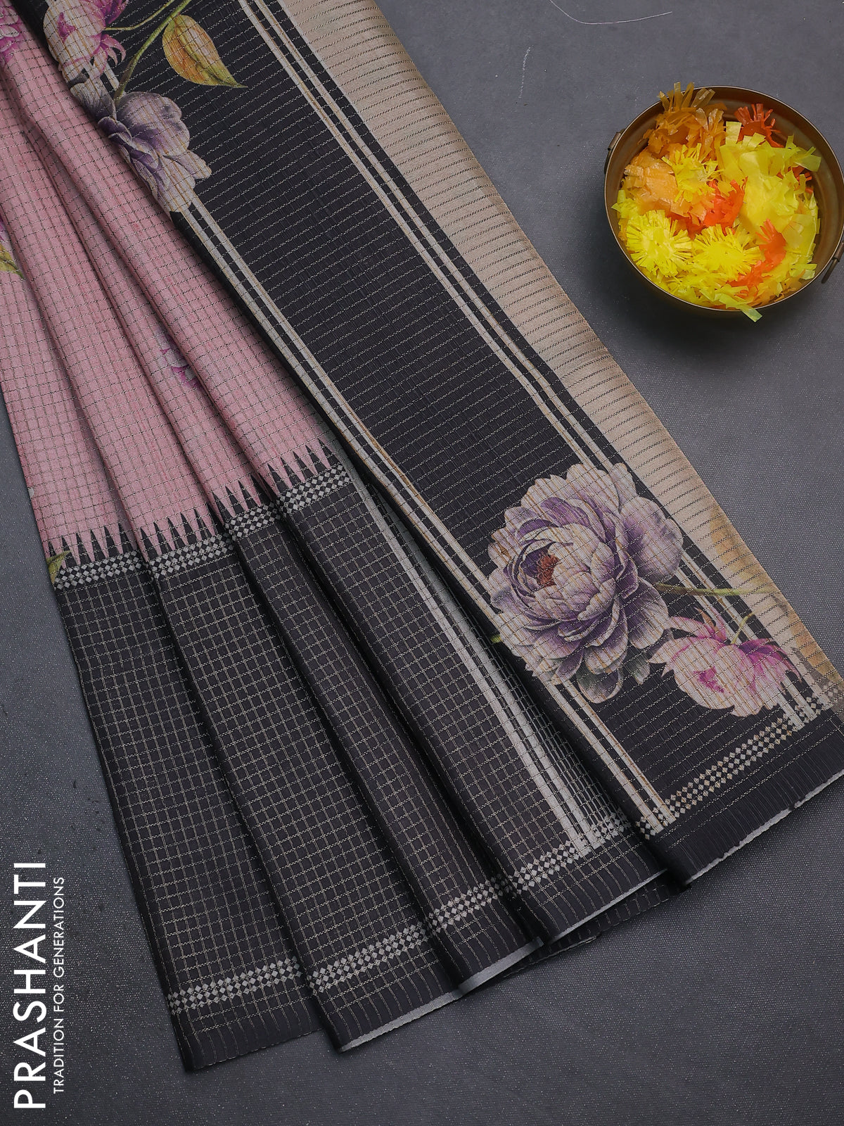 Chappa saree peach pink and black with allover small zari checked pattern & floral digital prints and ganga jamuna border