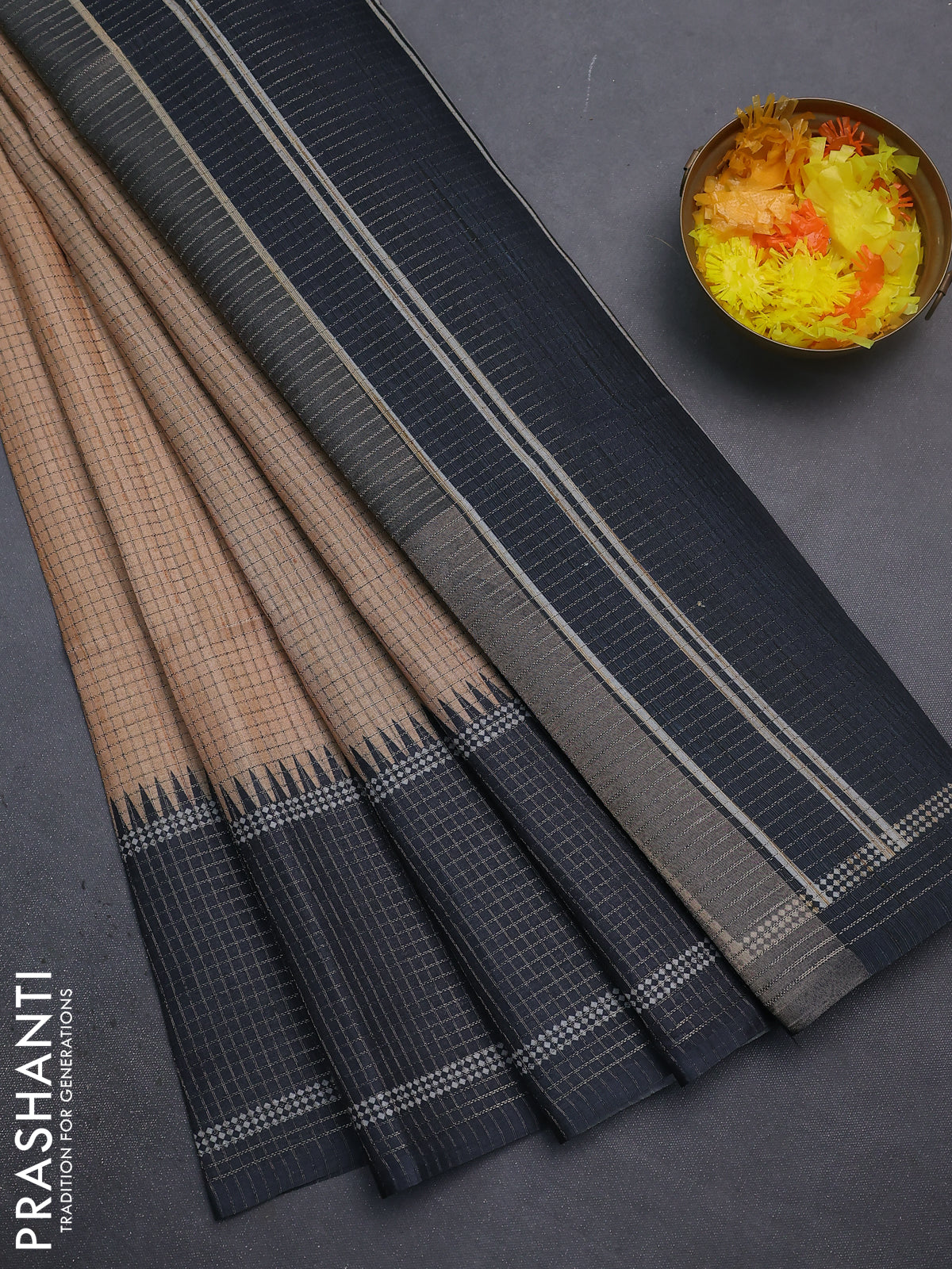 Chappa saree sandal and black with allover small zari checked pattern and temple design zari woven border