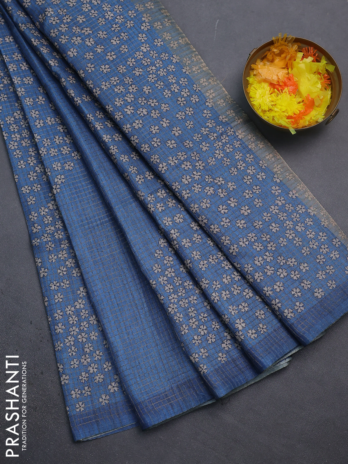 Chappa saree cs blue with allover small zari checked pattern and floral digital printed pallu