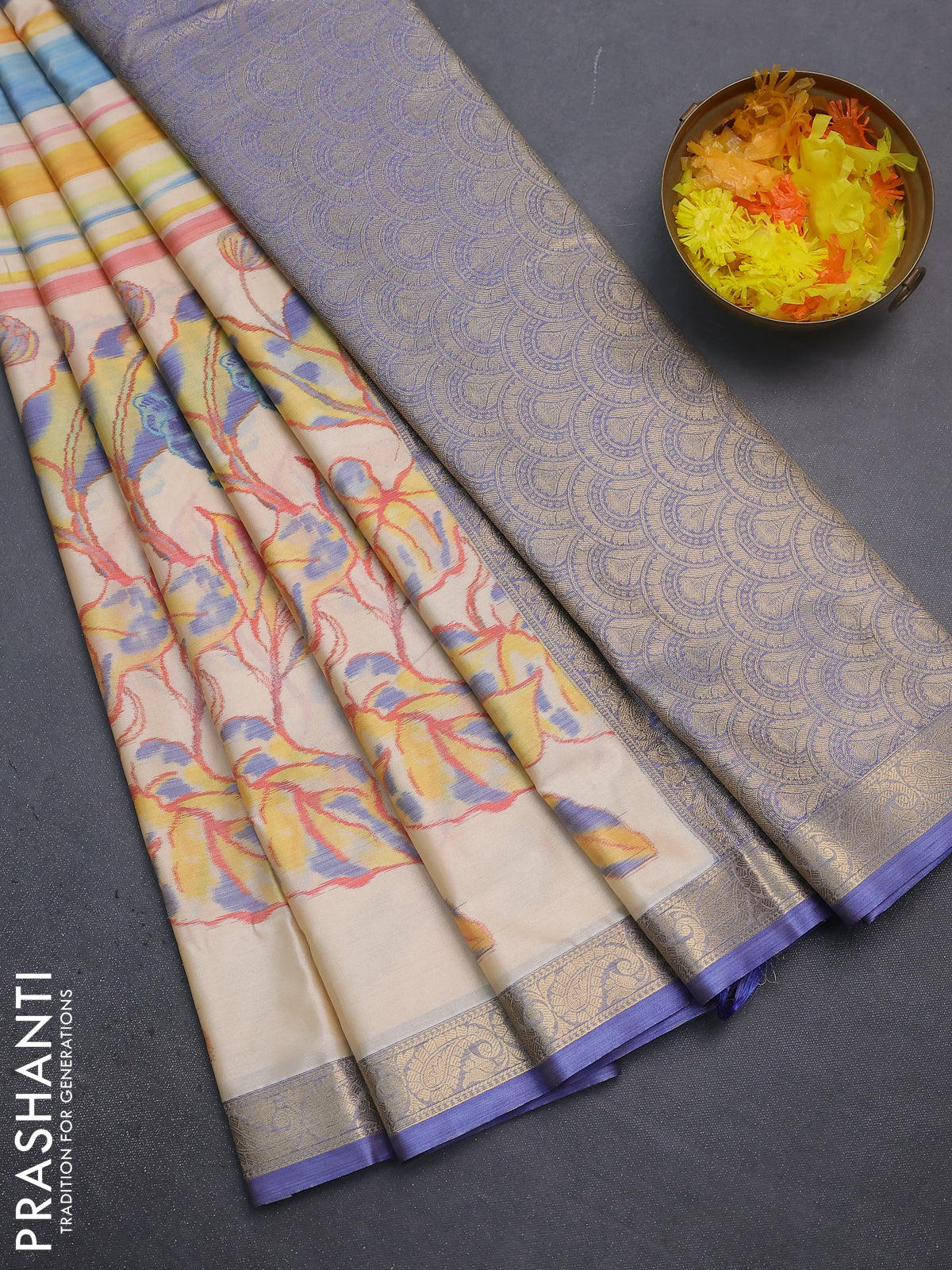 Bangalori semi silk saree sandal and blue with allover ikat weaves and zari woven border