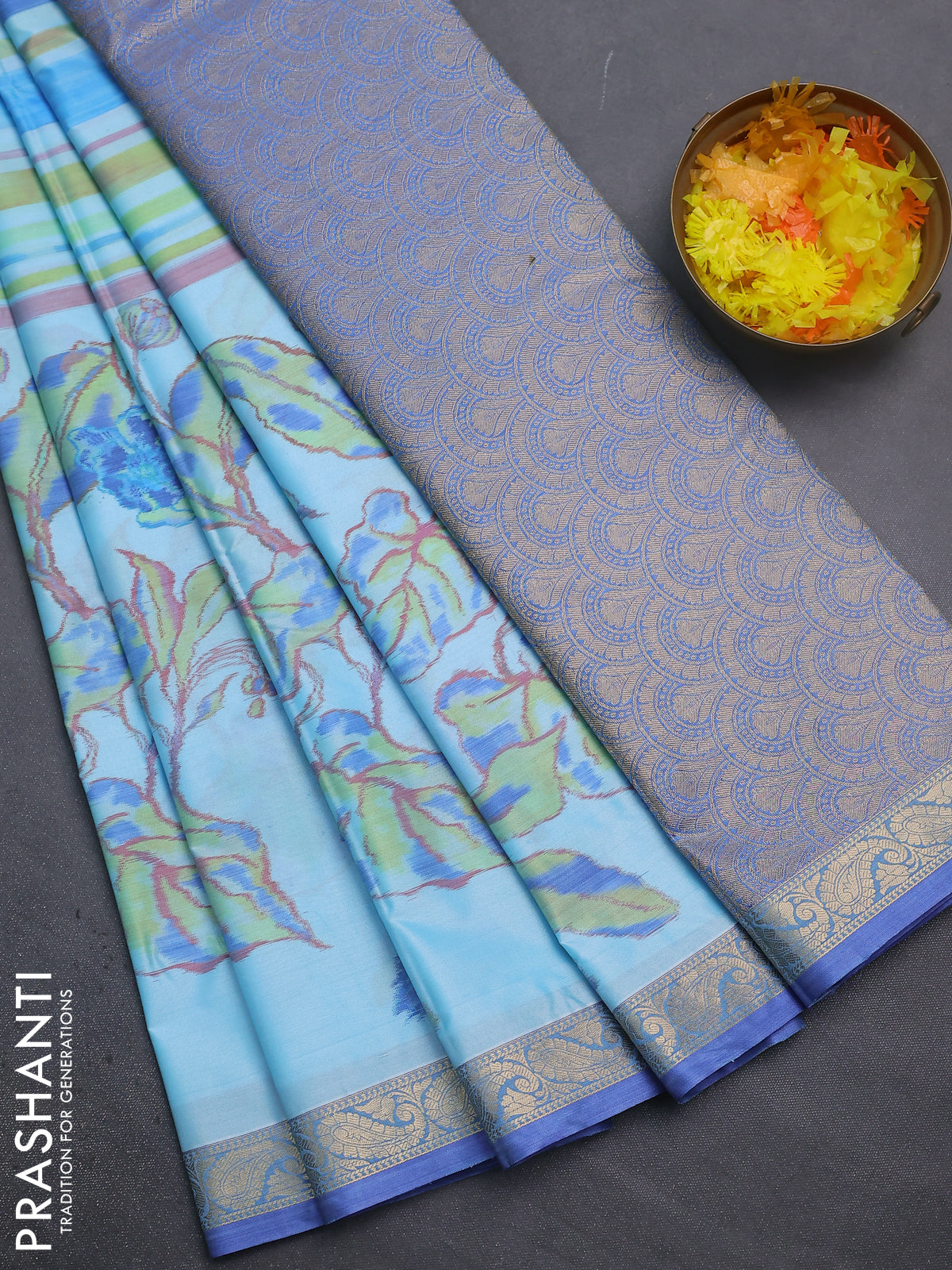 Bangalori semi silk saree light blue and blue with allover ikat weaves and zari woven border