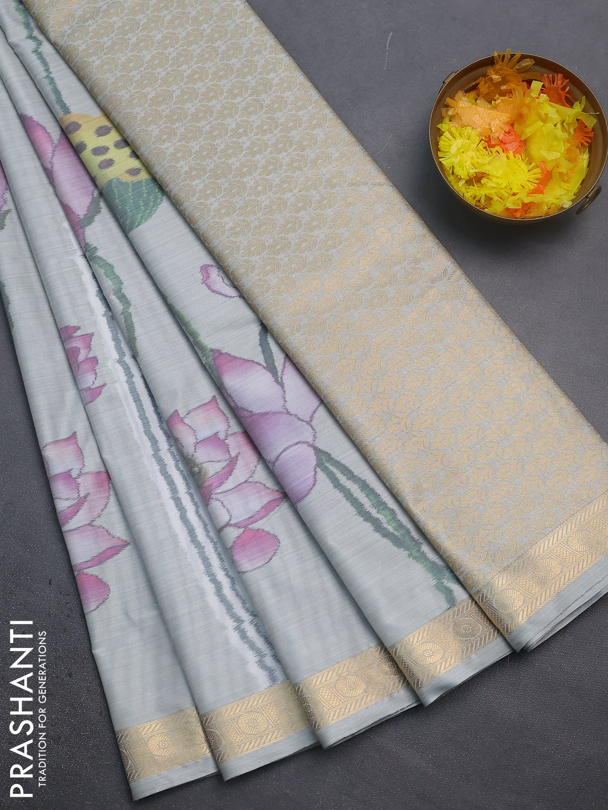 Bangalori semi silk saree pastel grey with allover floral ikat weaves and zari woven border