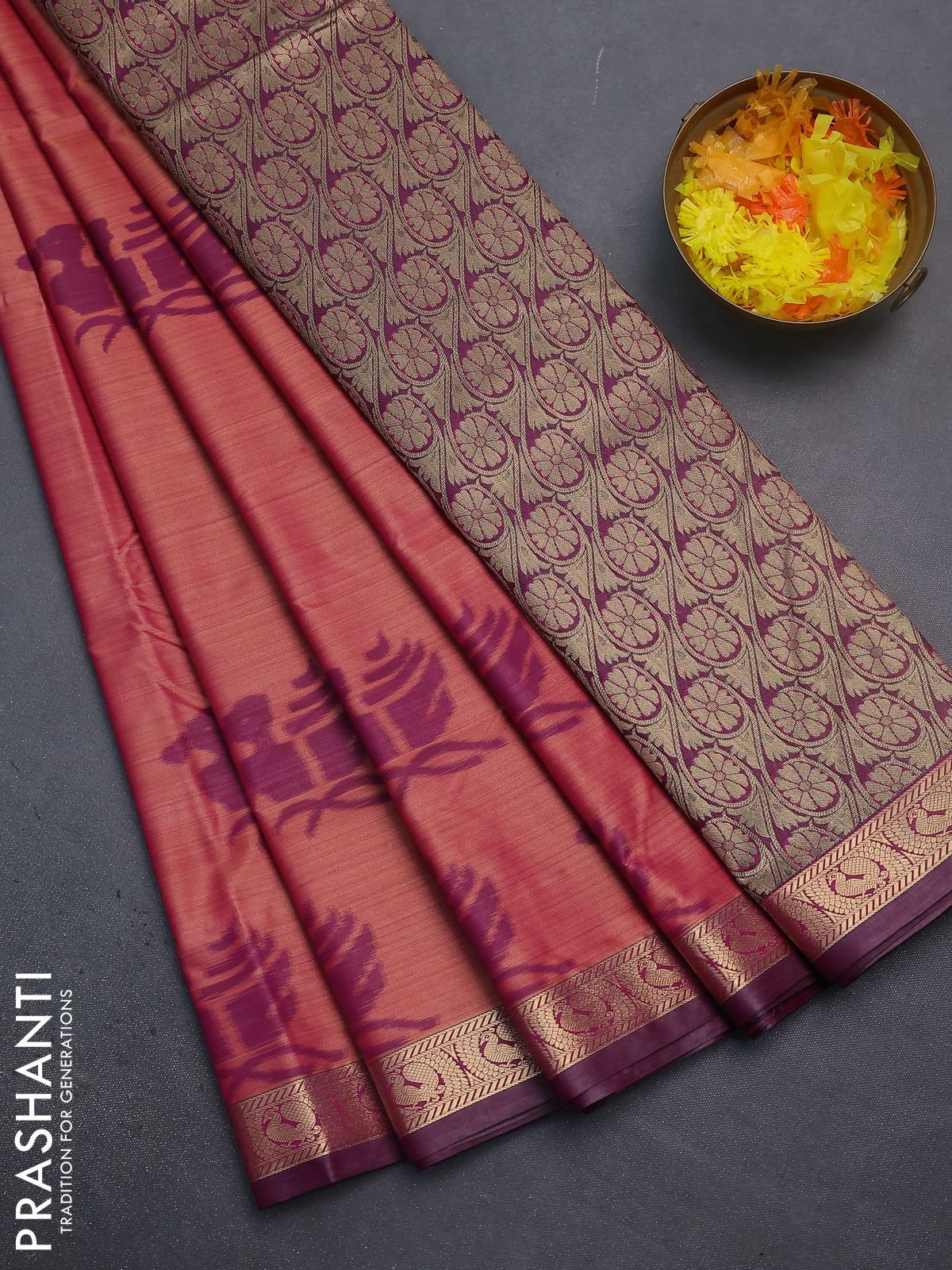 Bangalori semi silk saree dual shade of pinkish yellow and dark magenta pink with allover ikat butta weaves and zari woven border