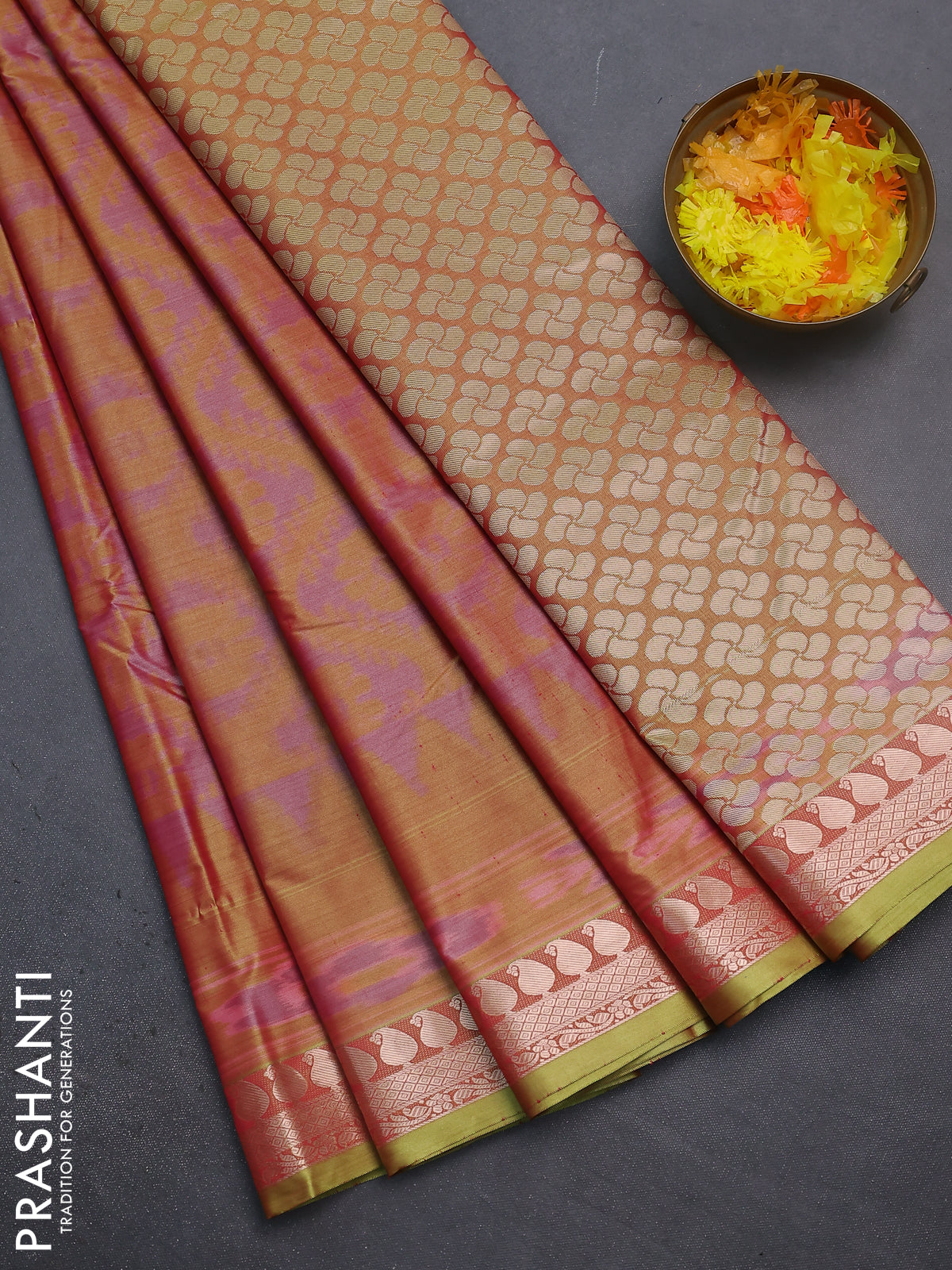 Bangalori semi silk saree dual shade of mehendi green with allover ikat weaves and zari woven border