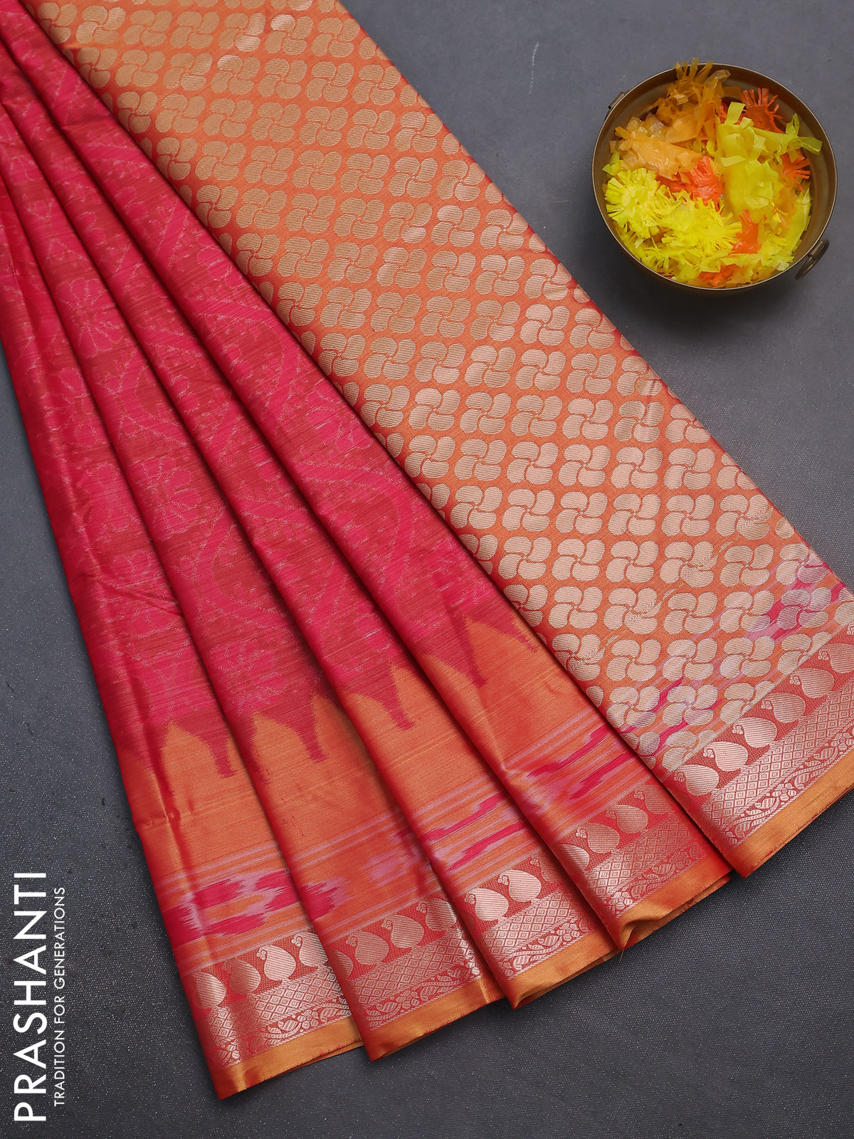 Bangalori semi silk saree maroon pink and dual shade of yellow with allover ikat weaves and zari woven border