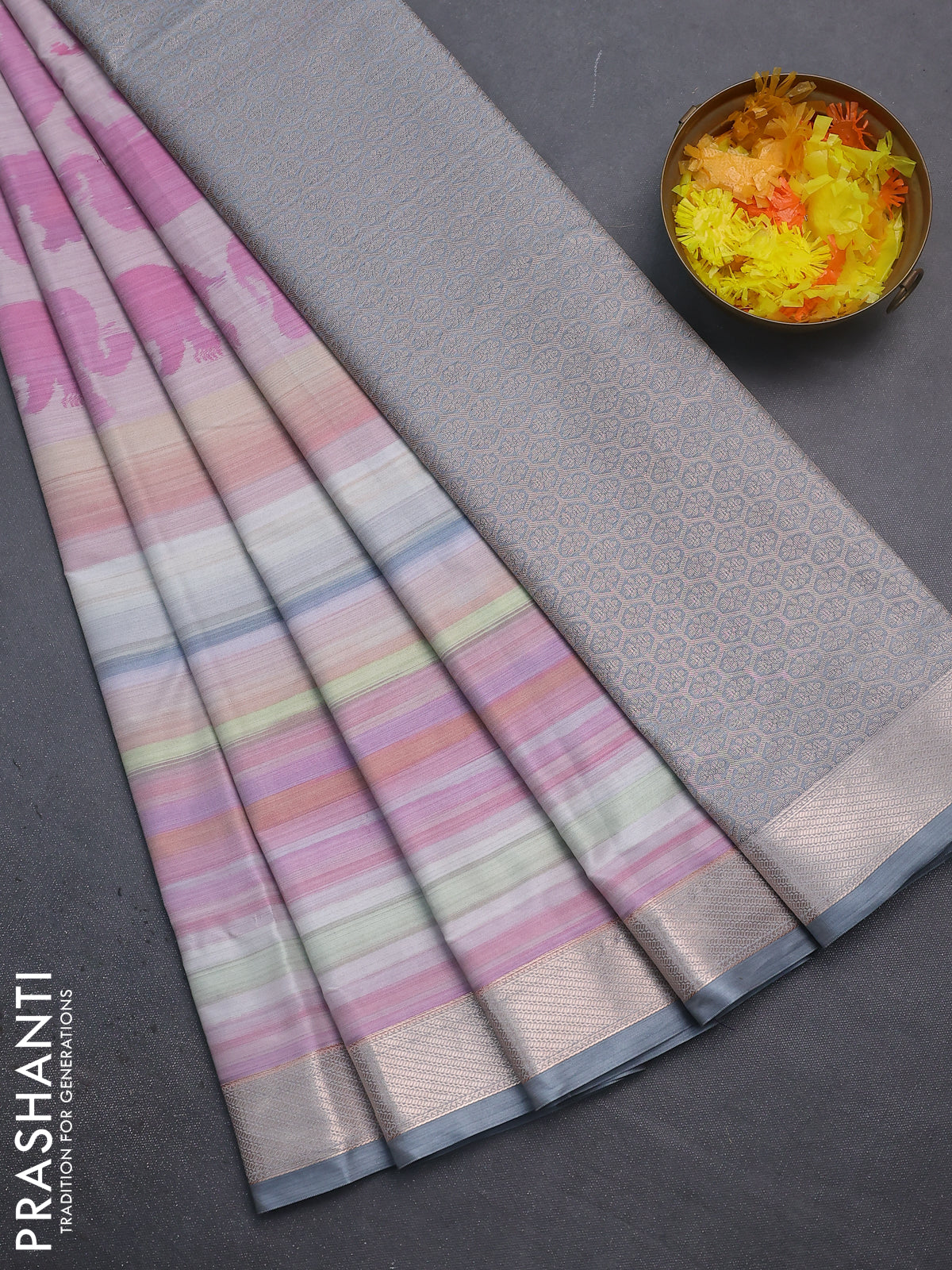 Bangalori semi silk saree pastel pink and grey with elephant butta ikat weaves and zari woven border