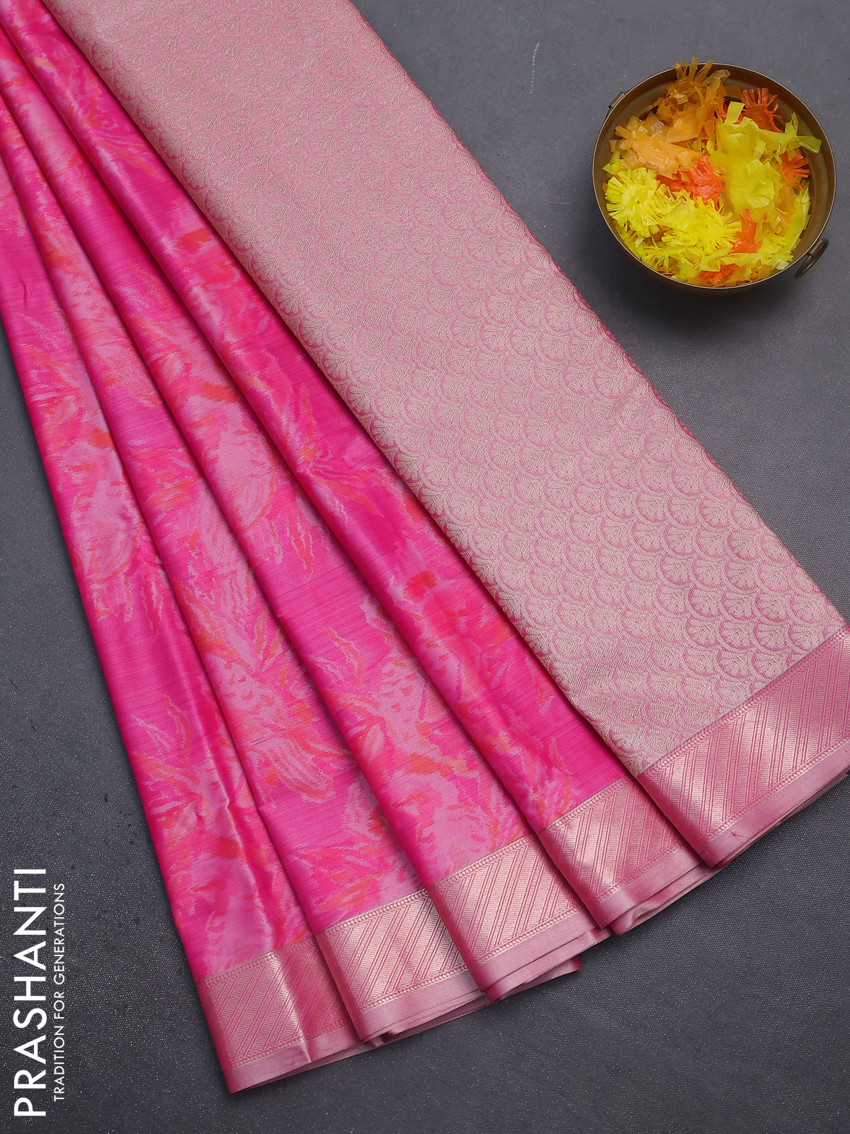 Bangalori semi silk saree pink with floral design ikat weaves and zari woven border
