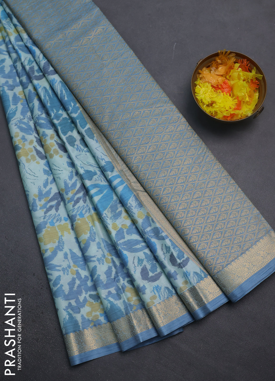 Bangalori semi silk saree pastel blue with allover ikat weaves and zari woven border