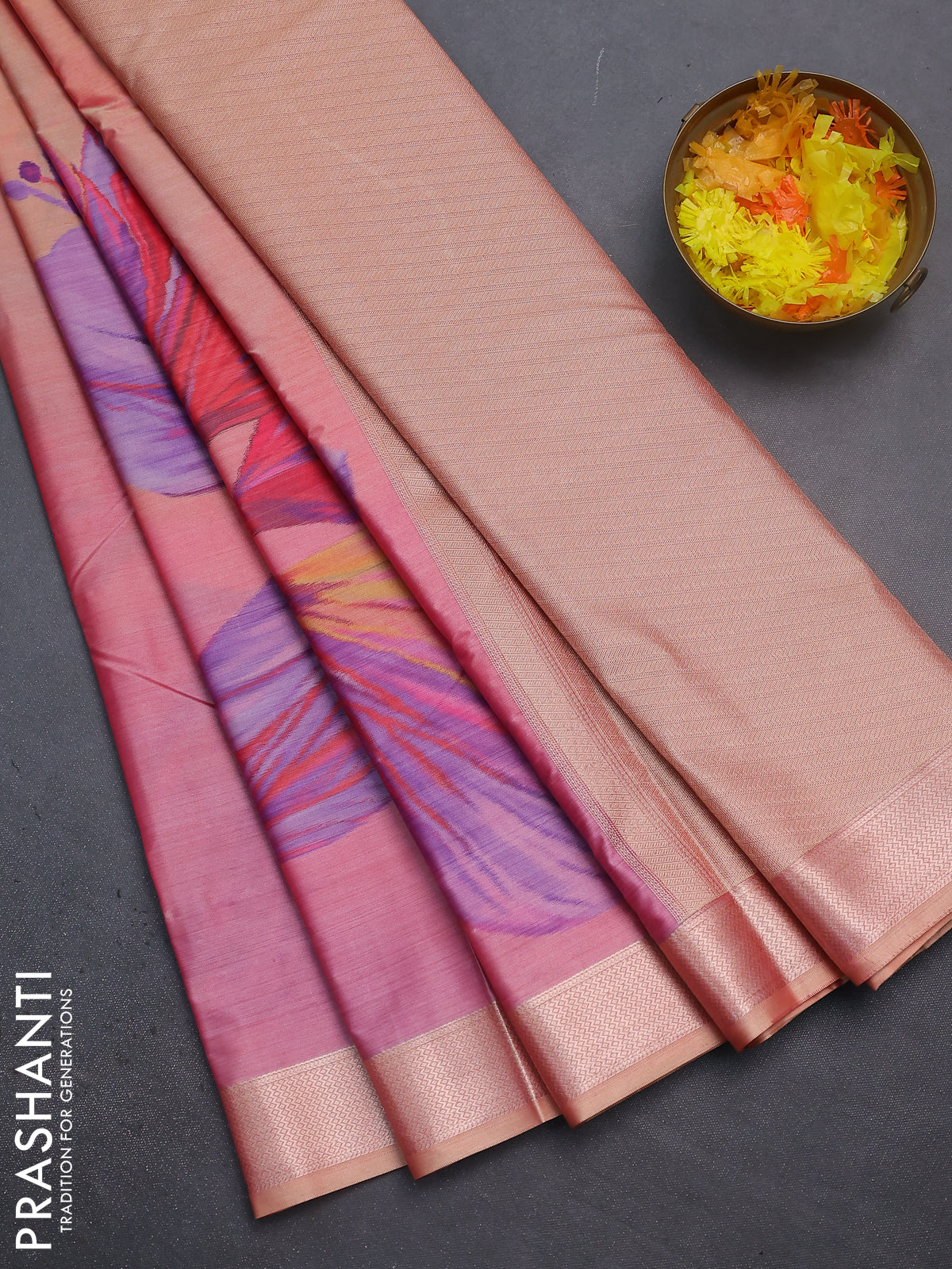Bangalori semi silk saree dual shade of sandal and pink with allover ikat weaves and zari woven border