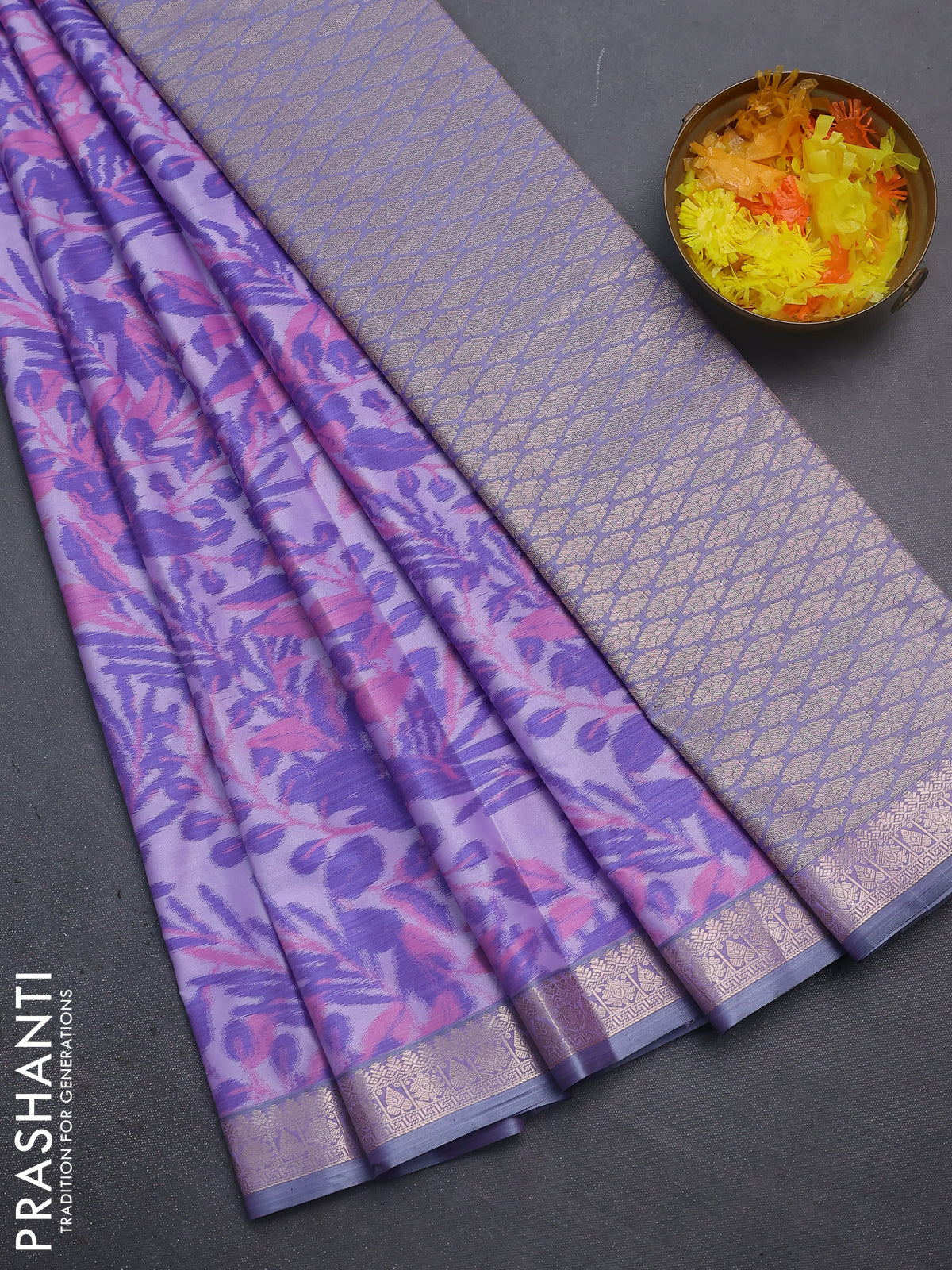 Bangalori semi silk saree mild lavender and grey with allover ikat weaves and zari woven border