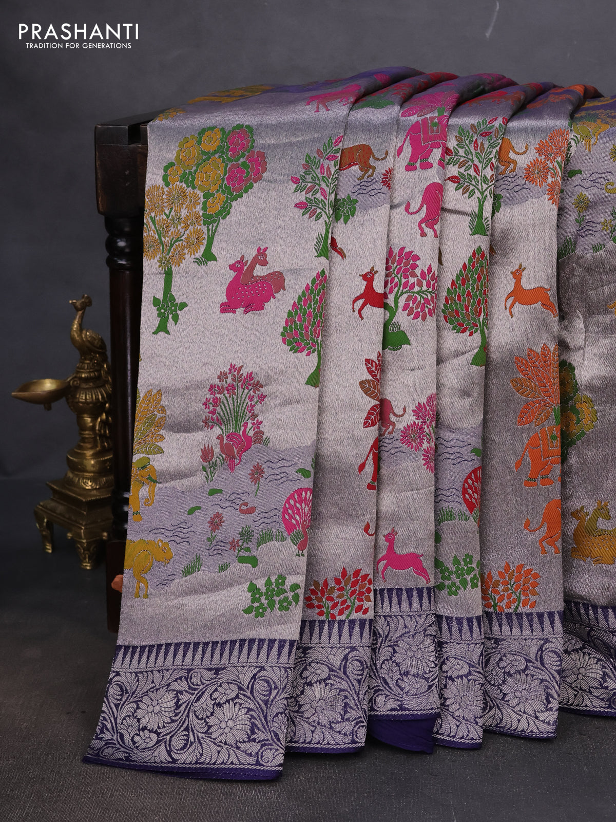 Banarasi semi raw silk saree navy blue with allover silver zari woven paithani weaves and woven border