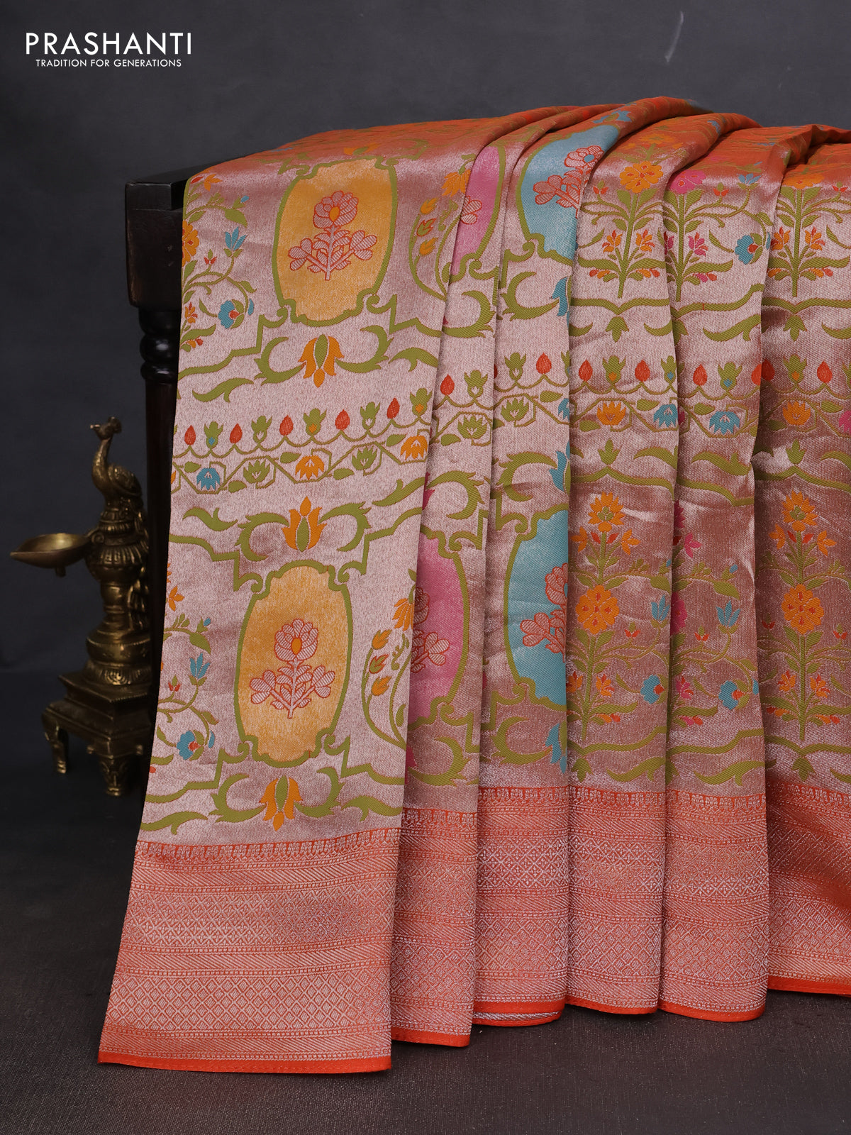Banarasi semi raw silk saree orange with allover zari woven paithani weaves and zari woven border