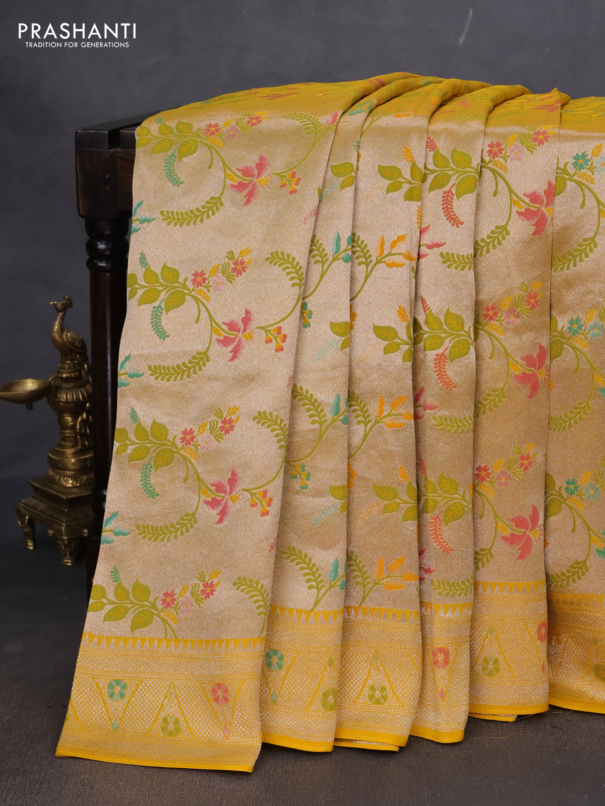 Banarasi semi raw silk saree yellow with allover silver zari woven paithani weaves and silver zari woven border