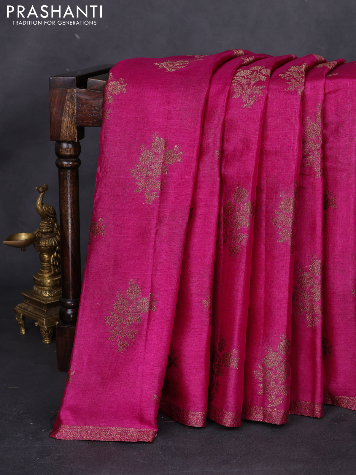 Banarasi tussar silk saree magenta pink and purple with thread & zari woven floral buttas and woven border