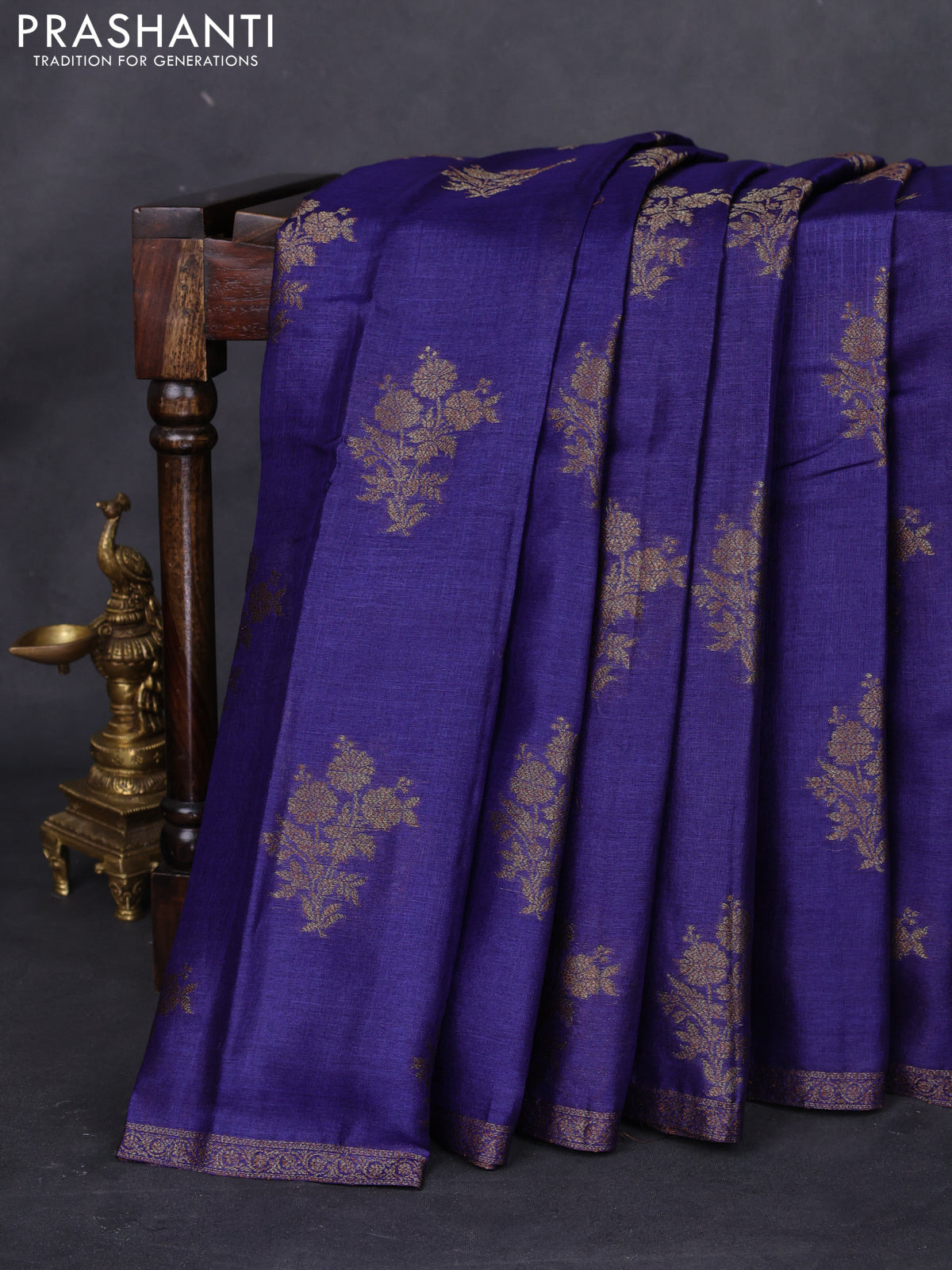 Banarasi tussar silk saree blue and red with thread & zari woven floral buttas and woven border