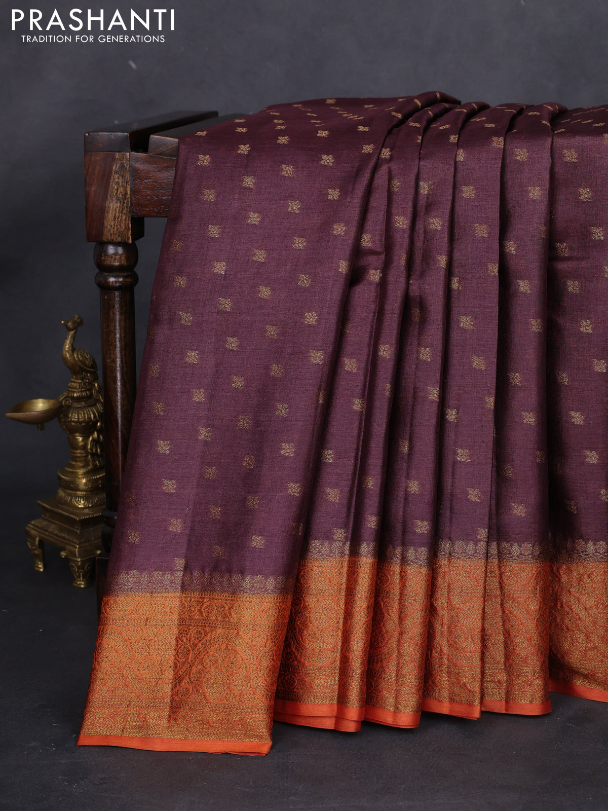 Banarasi tussar silk saree coffee brown and orange with thread & zari woven floral buttas and woven border