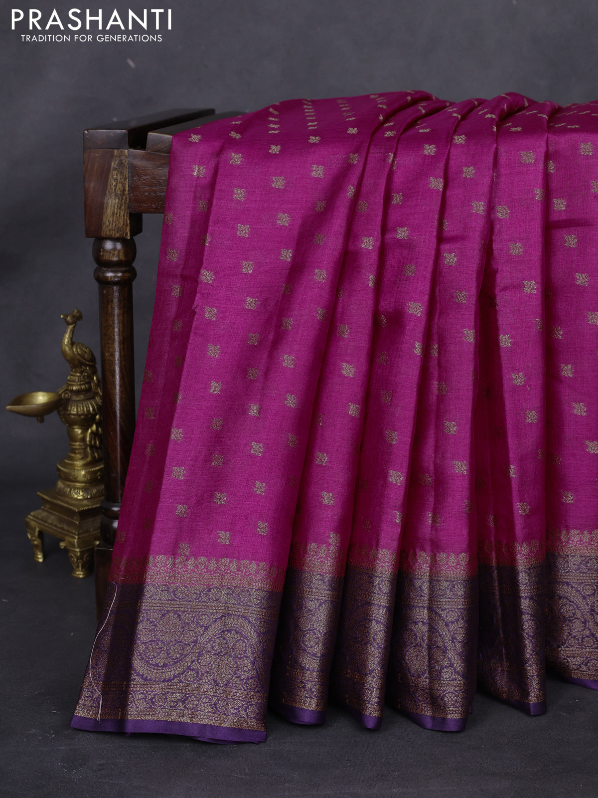 Banarasi tussar silk saree magenta pink and purple with thread & zari woven floral buttas and woven border