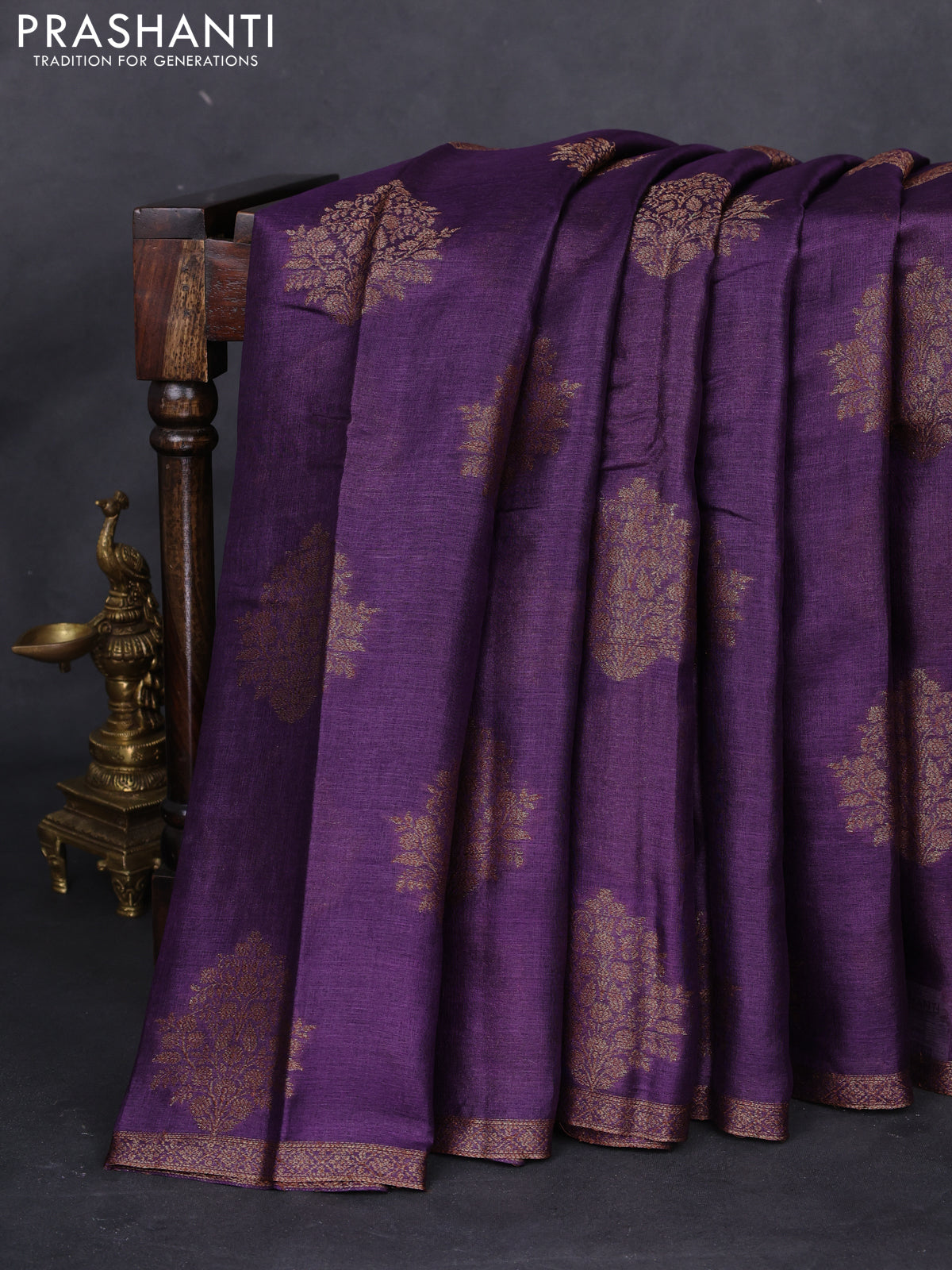 Banarasi tussar silk saree purple and green with thread & zari woven floral buttas and woven border