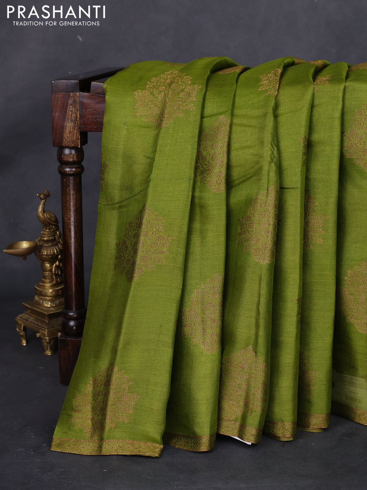 Banarasi tussar silk saree mehendi green and purple with thread & zari woven floral buttas and woven border
