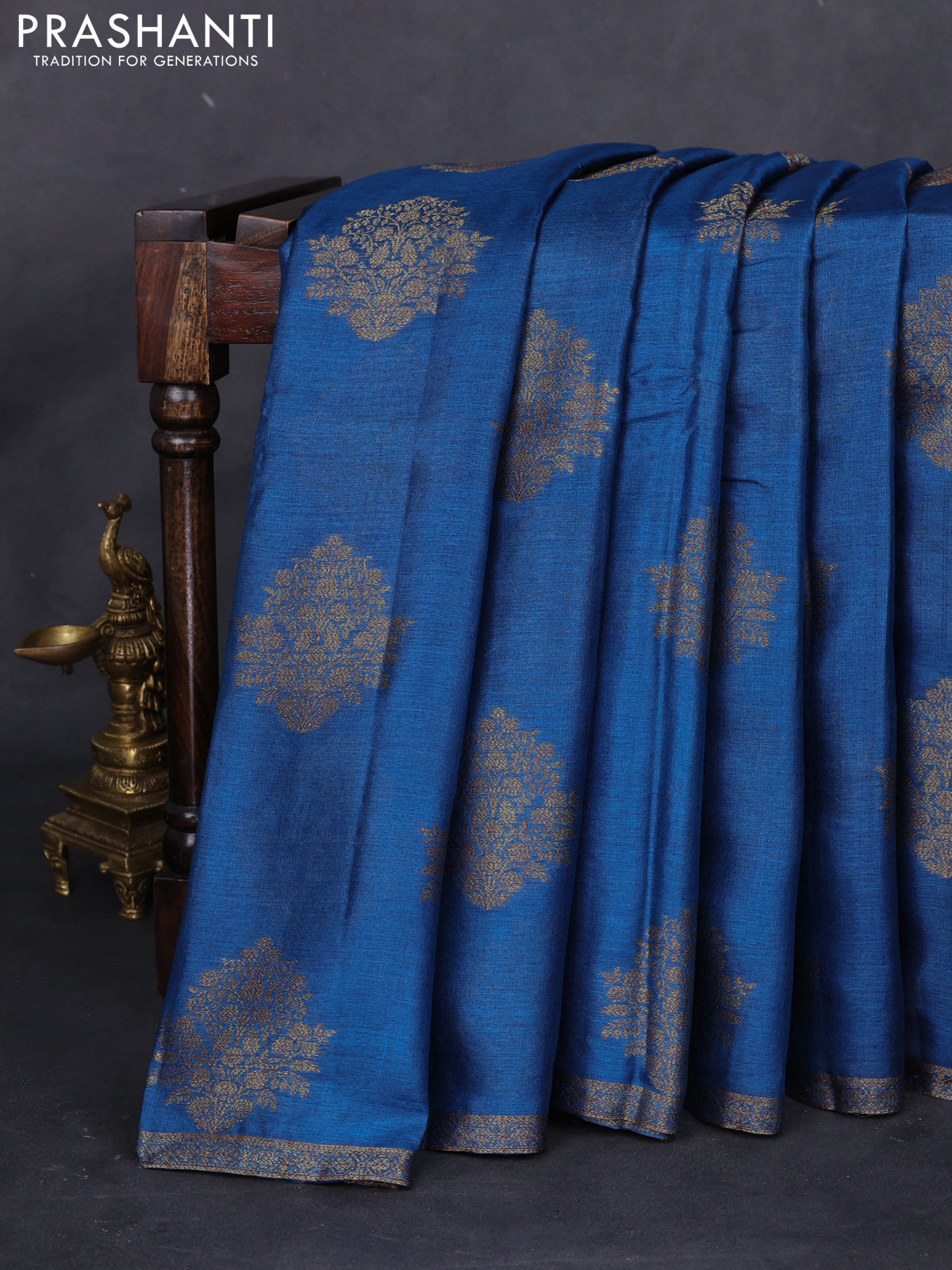 Banarasi tussar silk saree peacock blue and magenta pink with thread & zari woven floral buttas and woven border