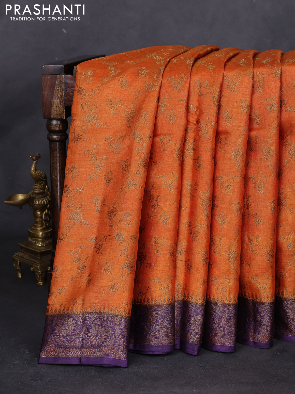 Banarasi tussar silk saree orange and purple with allover thread & zari weaves and woven border