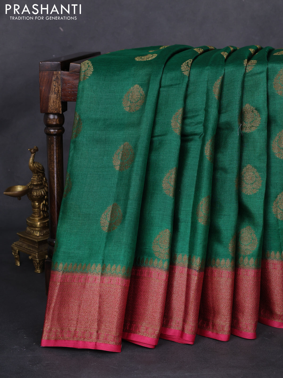 Banarasi tussar silk saree green and red with thread & zari woven buttas and woven border