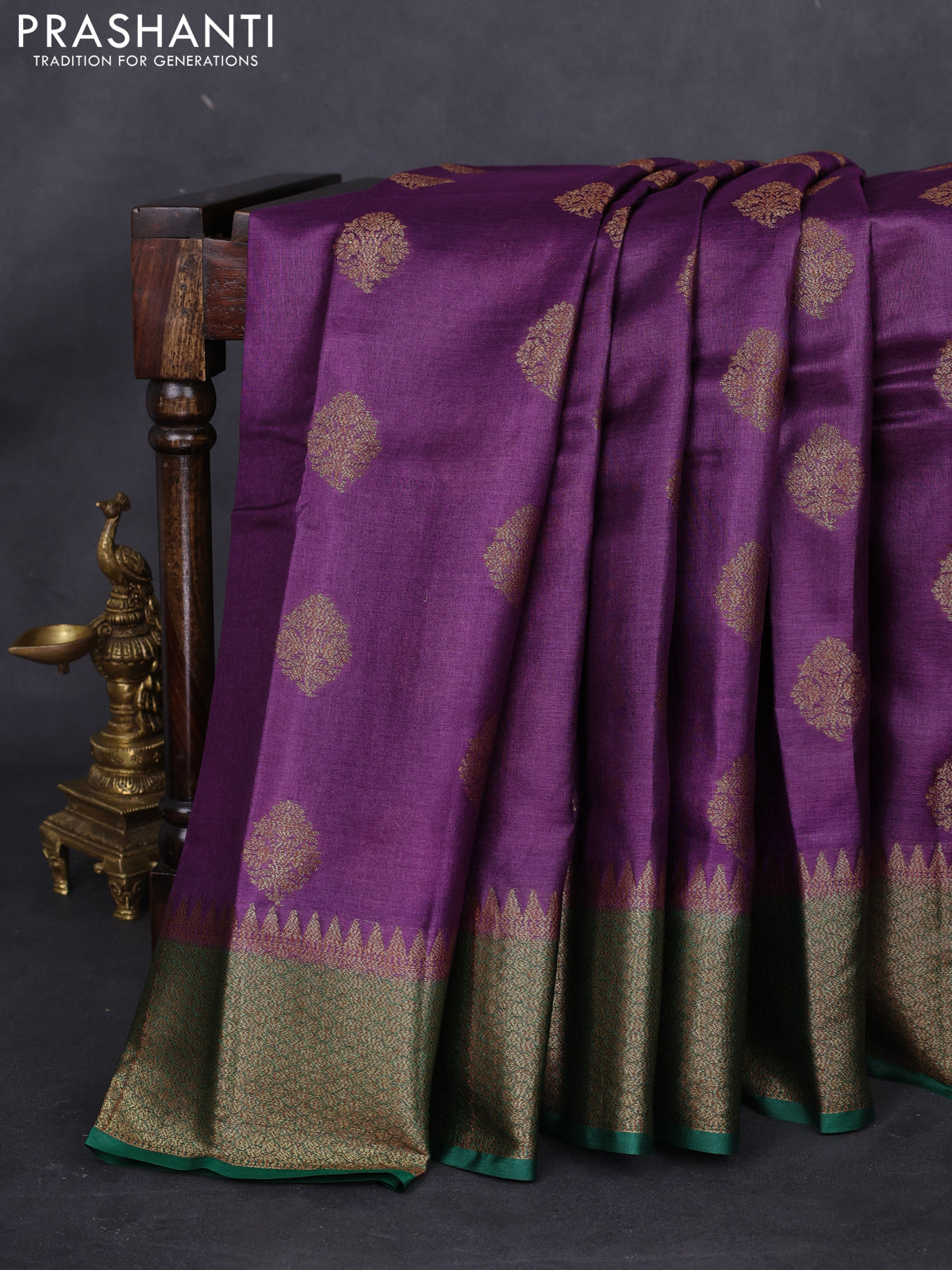 Banarasi tussar silk saree purple and green with thread & zari woven buttas and woven border