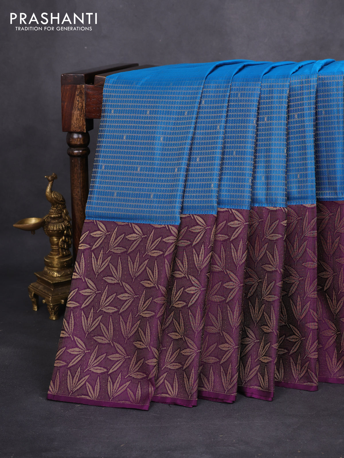 Kanchipuram soft silk saree peacock blue and purple with allover zari woven brocade weaves and long zari woven border