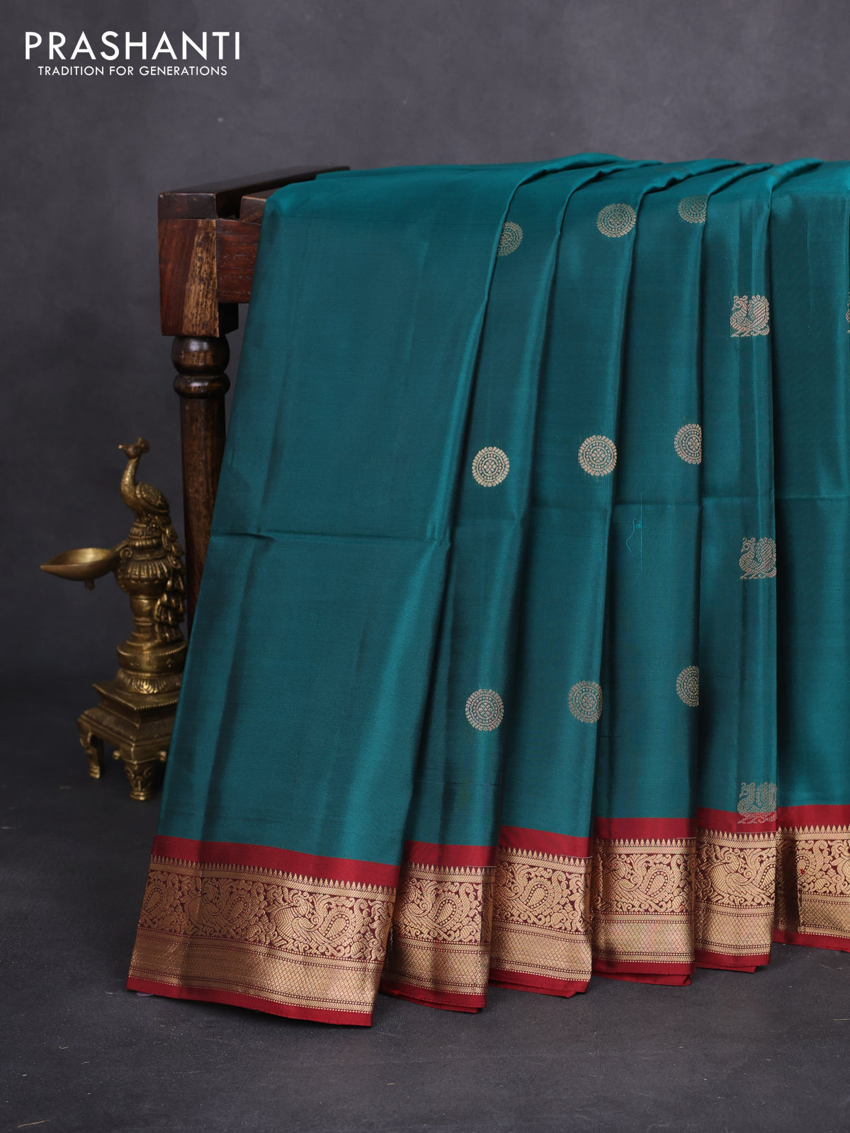 Kanchipuram soft silk saree peacock green and maroon with annam & rudhraksha zari woven buttas and annam zari woven border