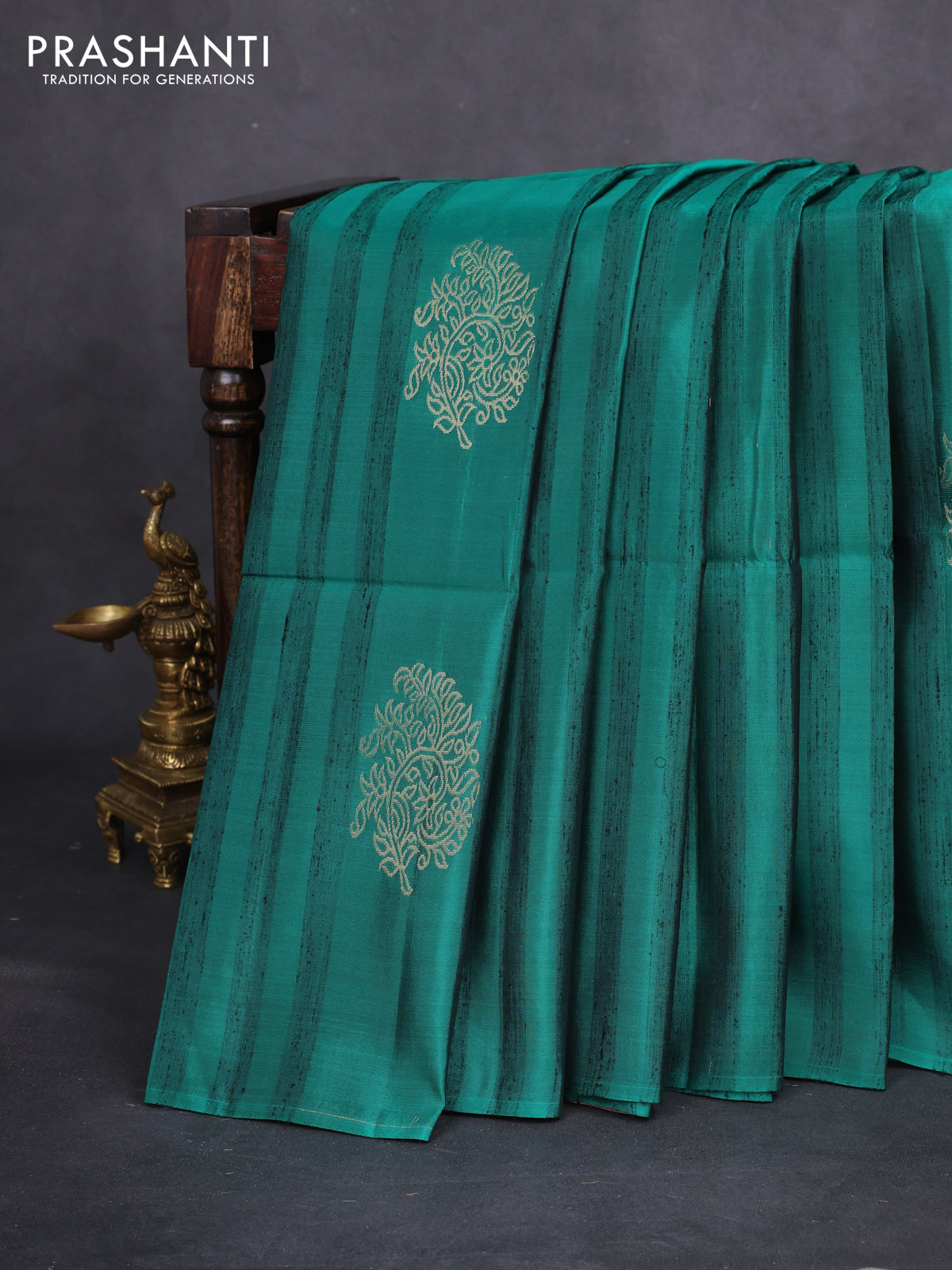 Kanchipuram soft silk saree peacock green and pastel brown with zari buttas & jute finish in borderless style