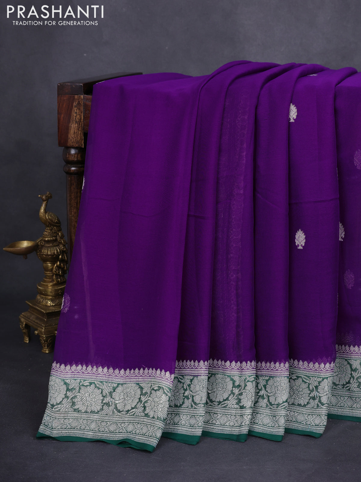 Banarasi chiffon silk saree violet and dark green with silver zari woven buttas and silver zari woven border