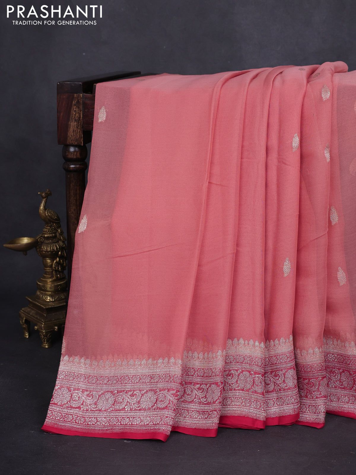 Banarasi chiffon silk saree pastel peach and red with silver zari woven buttas and silver zari woven border