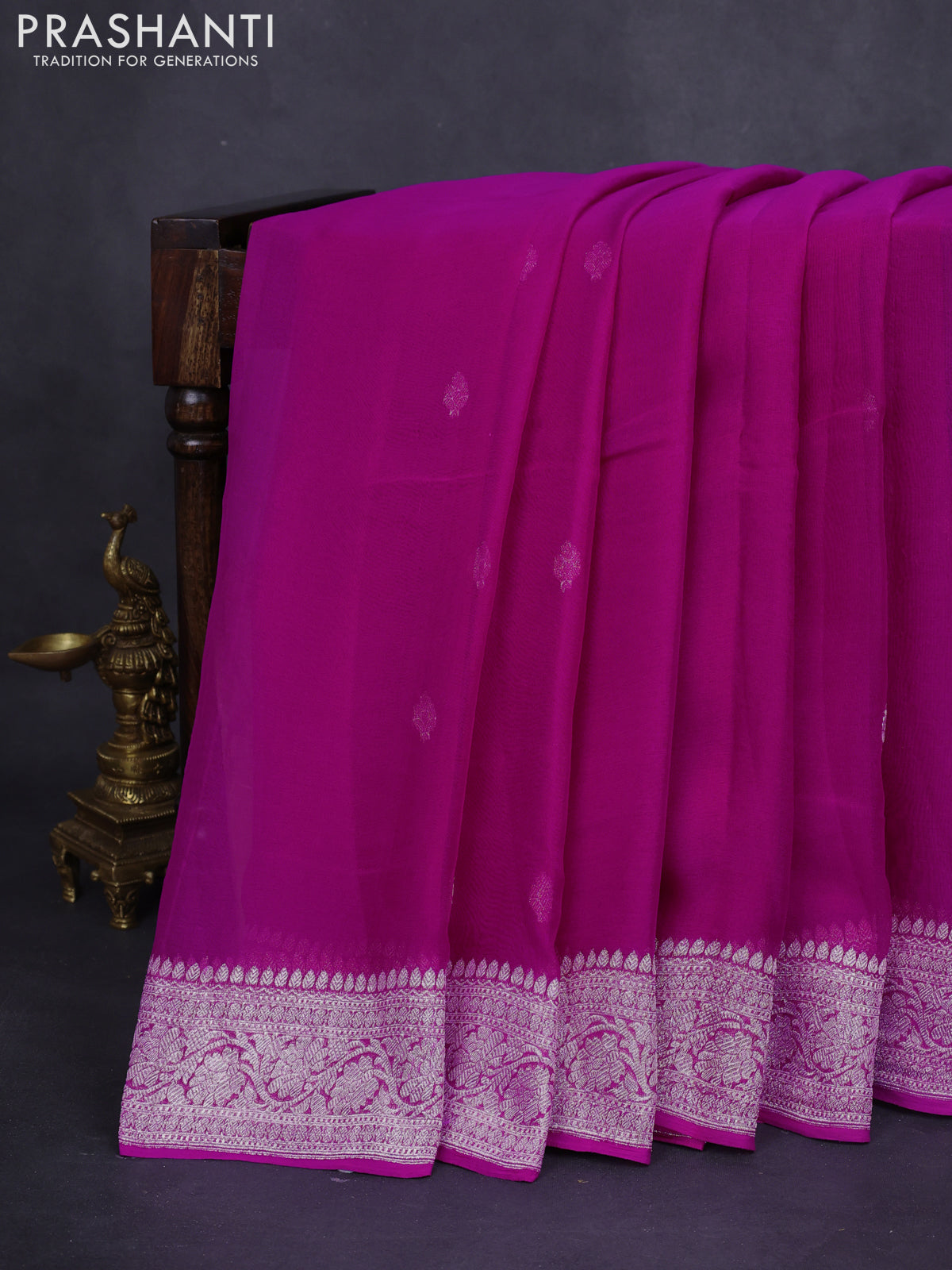 Banarasi chiffon silk saree magenta pink with silver zari woven buttas and floral silver zari woven border