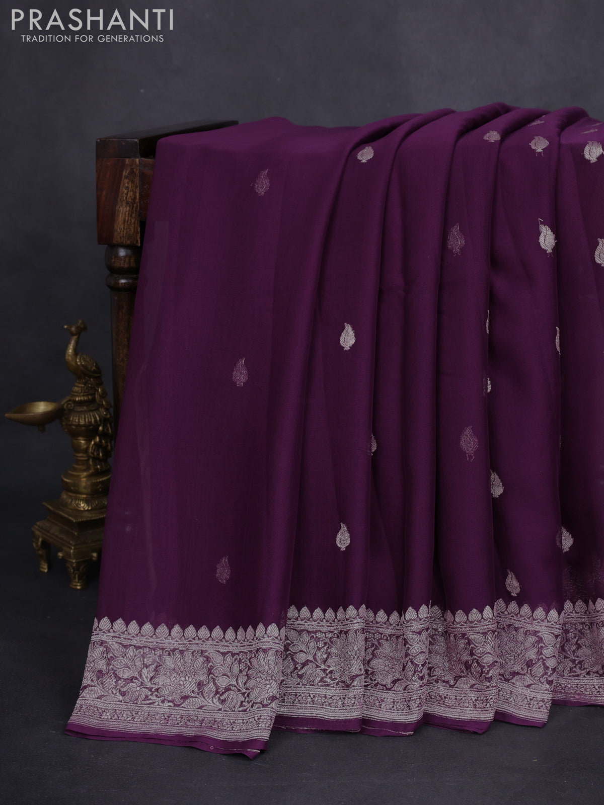 Banarasi chiffon silk saree wine shade with silver zari woven buttas and floral silver zari woven border